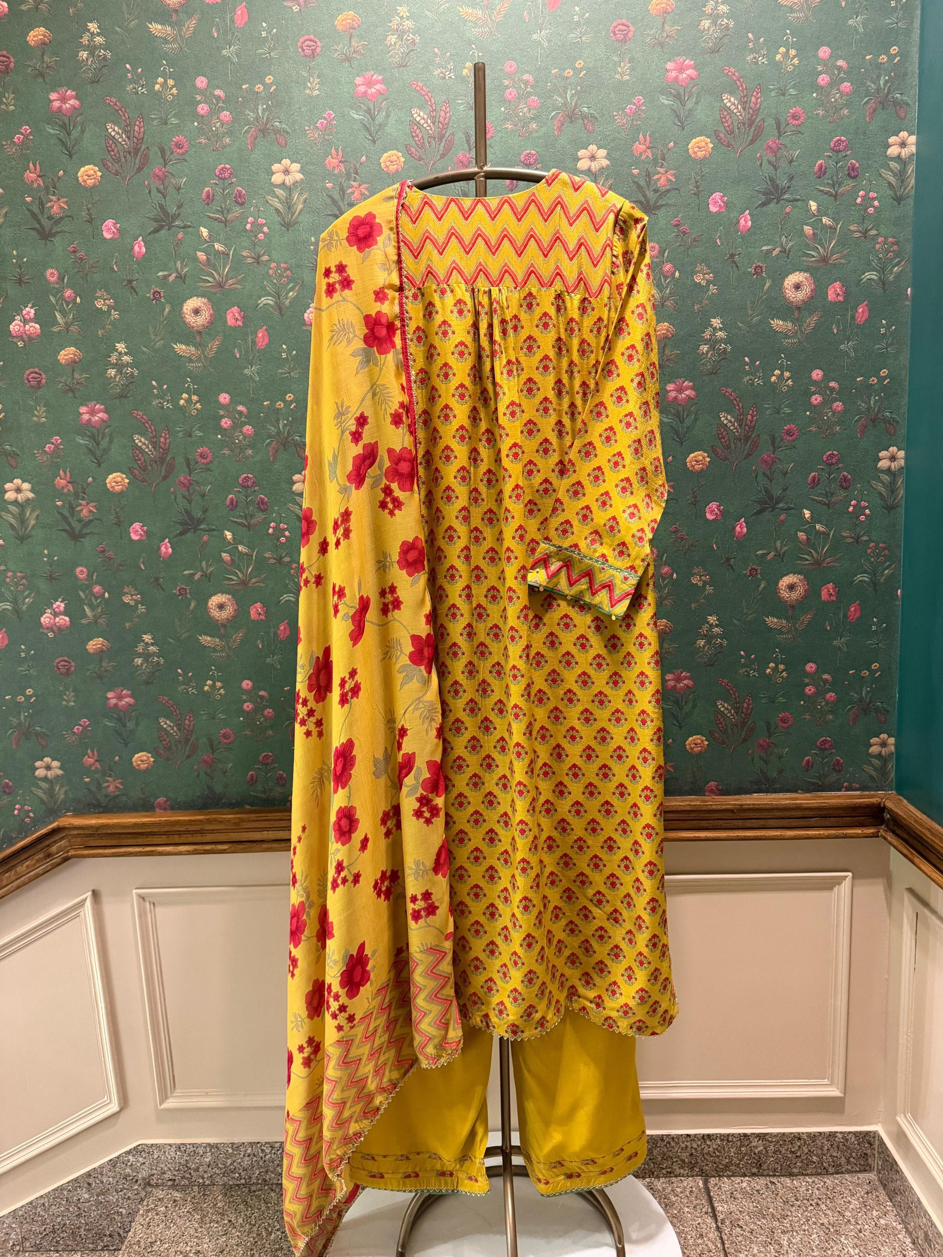 Sunshine Yellow Floral Chanderi Silk Suit Set | HER-636