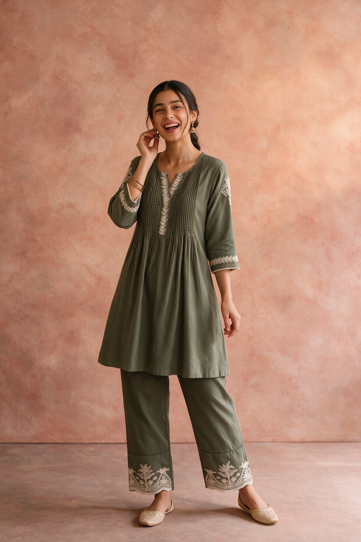 Olive Green Pleated Embroidered Kurta Set