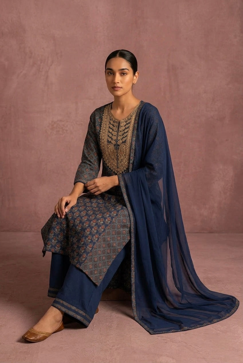 Blue Ajrakh A-Line Muslin Suit Set | HER-635