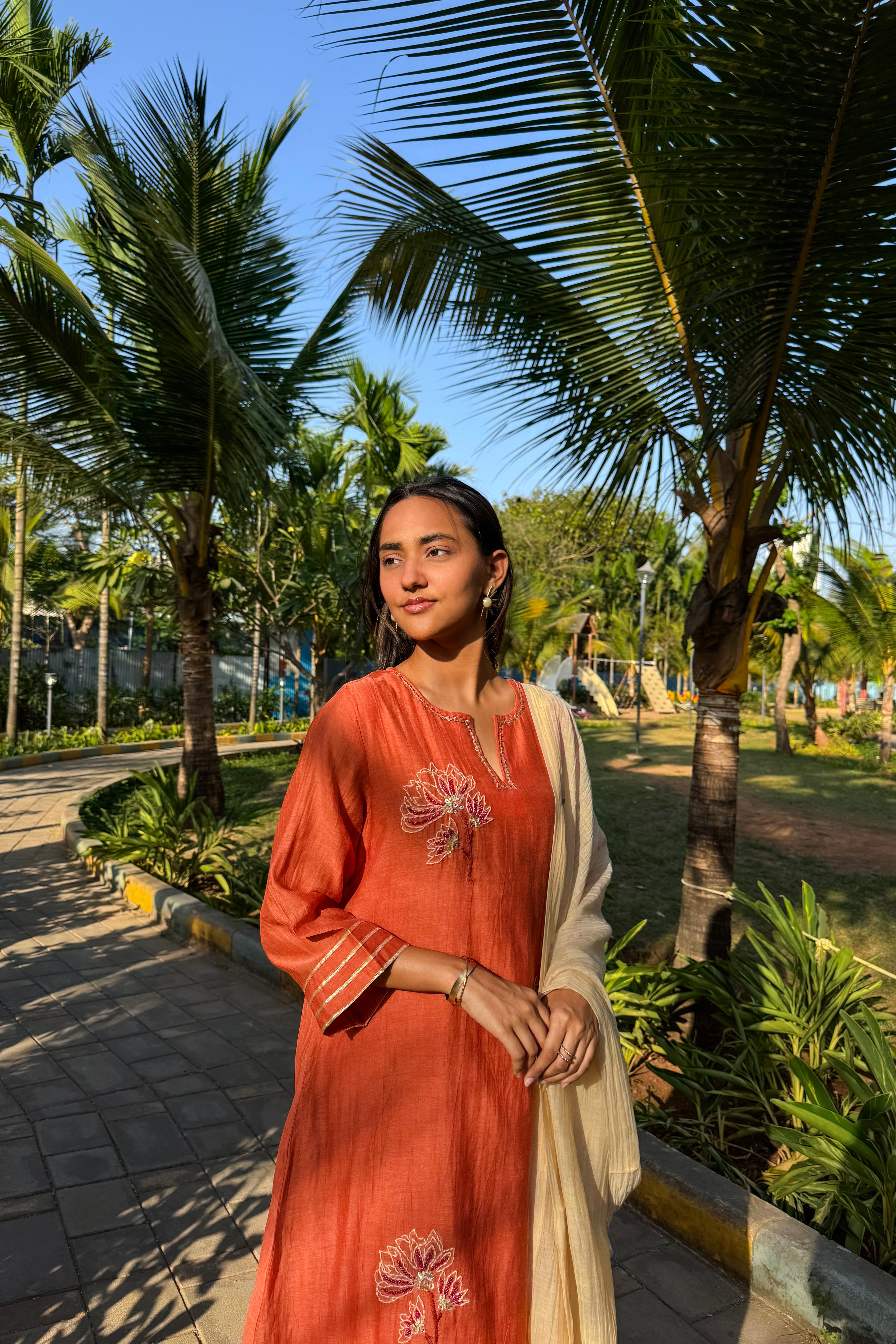 Rust Orange Embroidered A-Line Mul Chanderi Suit Set | HER-624
