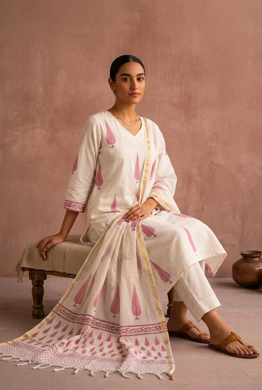 Ivory White & Rose Pink Printed Chanderi Suit Set | HER-760