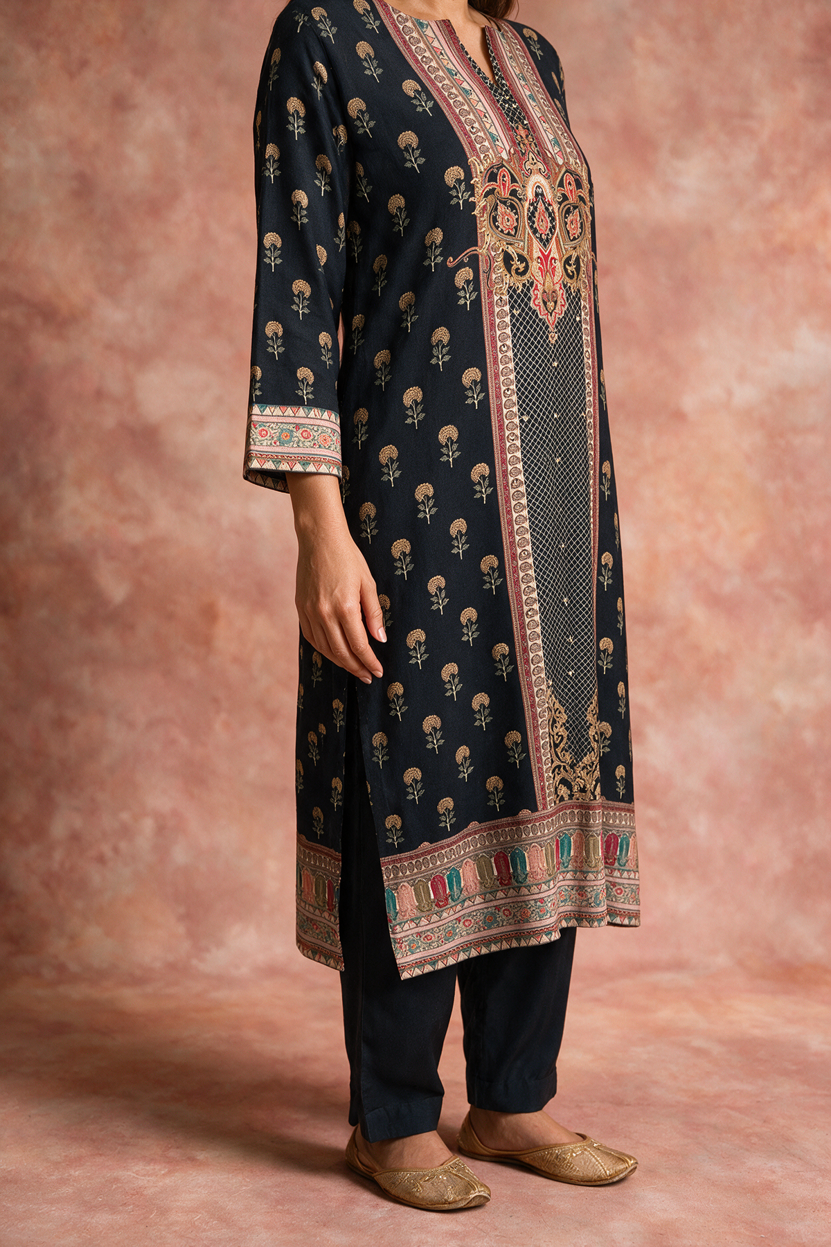 Black Printed Muslin Printed Suit Set