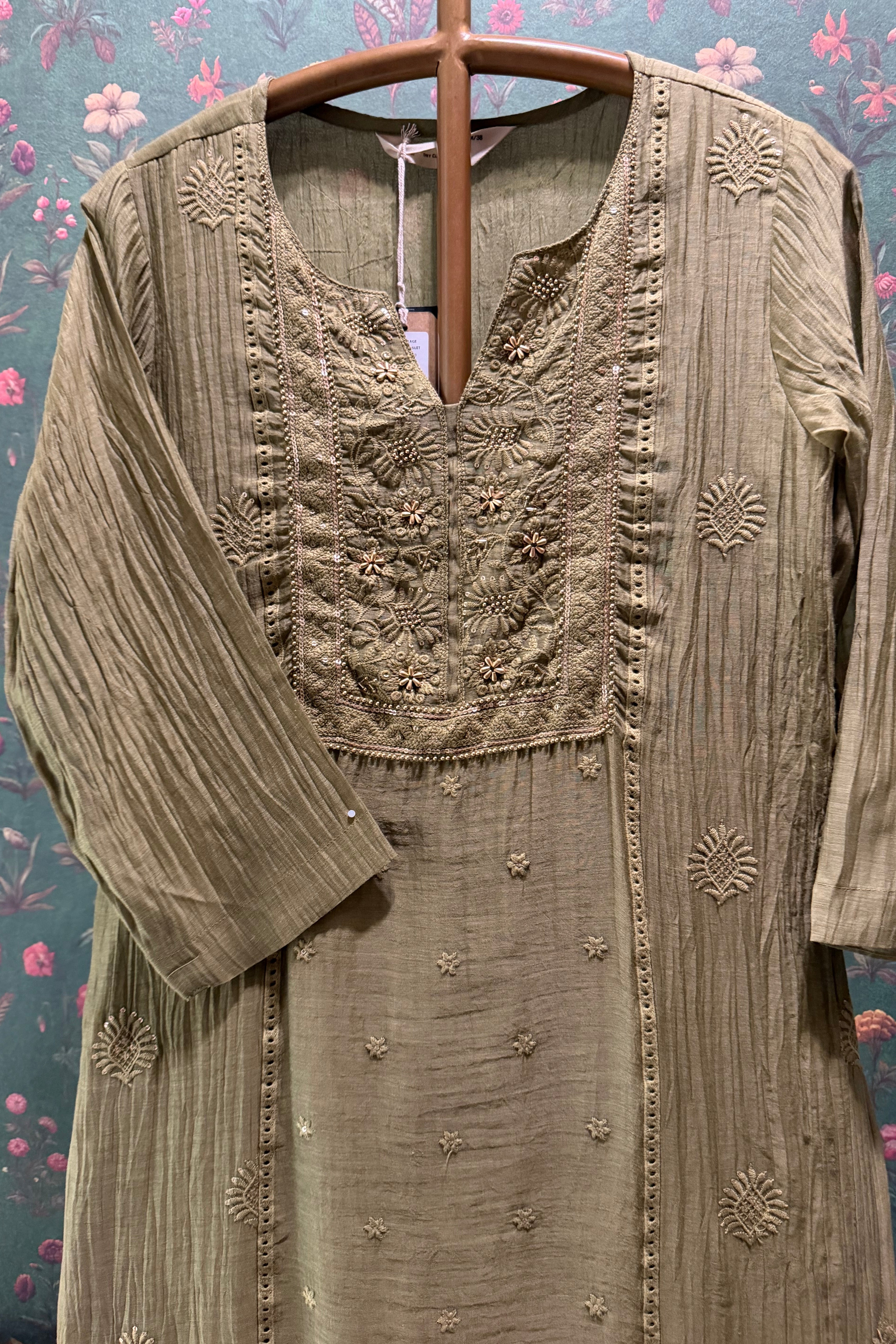 Antique Olive Green Noor Chikankari Suit Set | HER-620