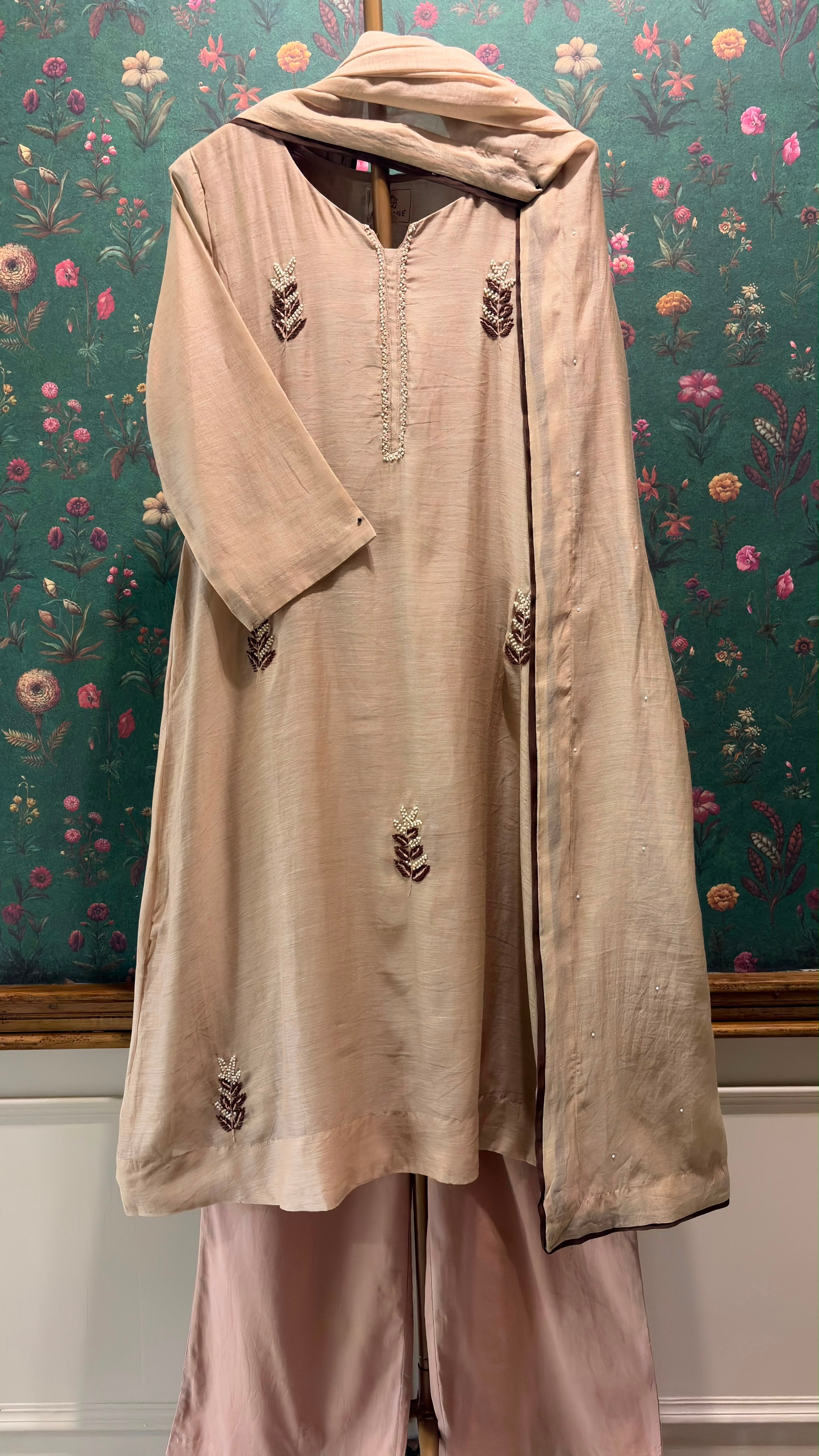 Champagne Beige Embellished Mul Chanderi A-Line Suit Set