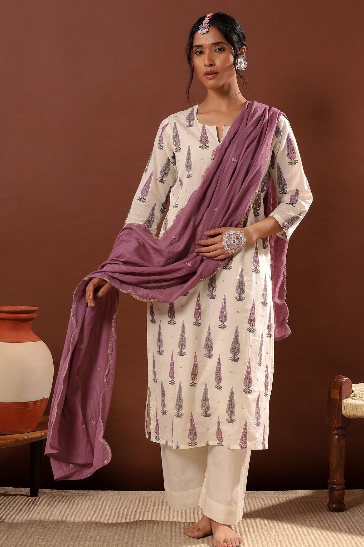 Lilac Floral Suit Set, with Kota Doria Dupatta | HER-519