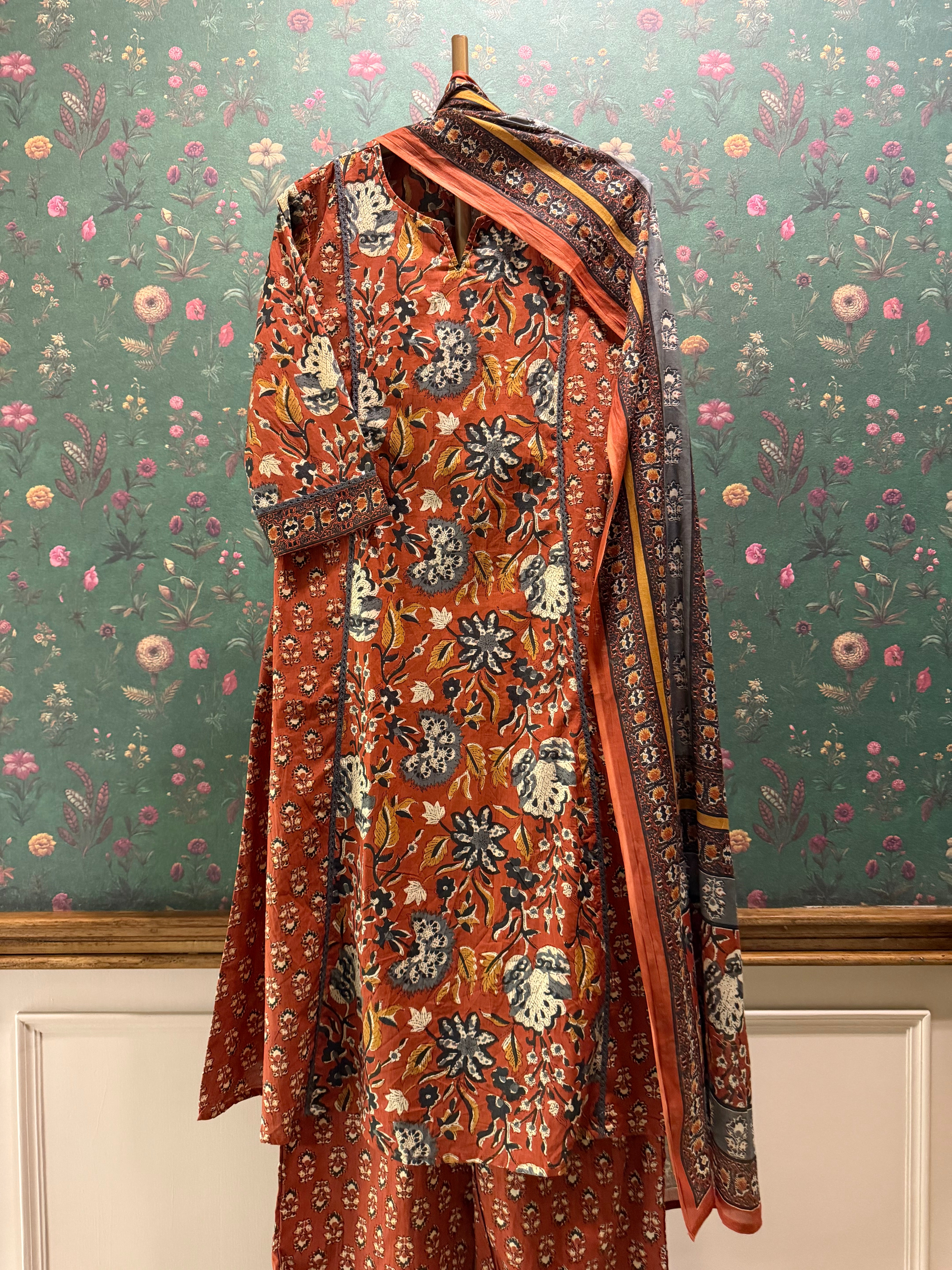 Burnt Saffron Orange Printed A-Line Cotton Suit Set | HER-713