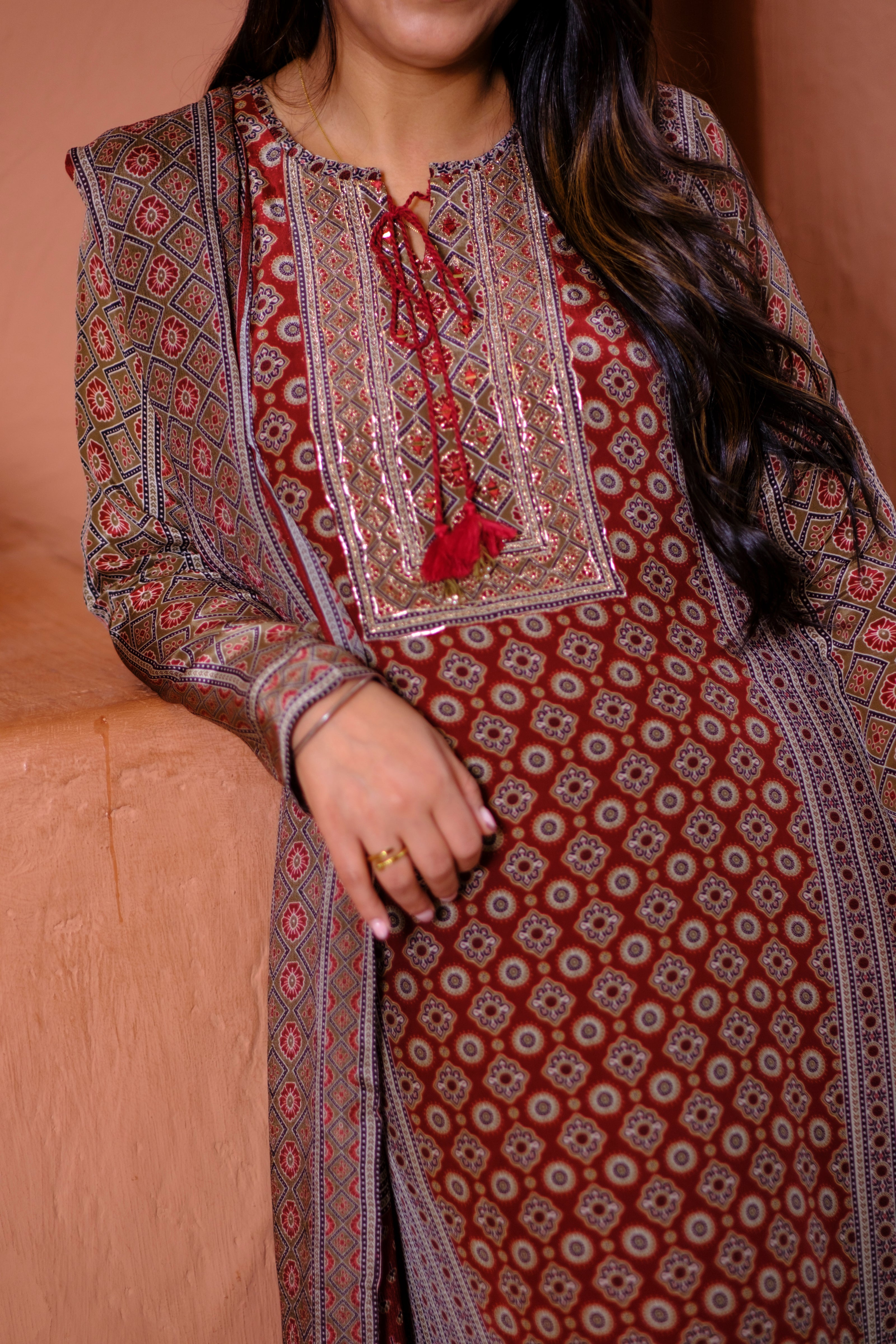 Rust Ajrakh Pure Crepe Suit Set | HER-634 x Navjeet Kaur