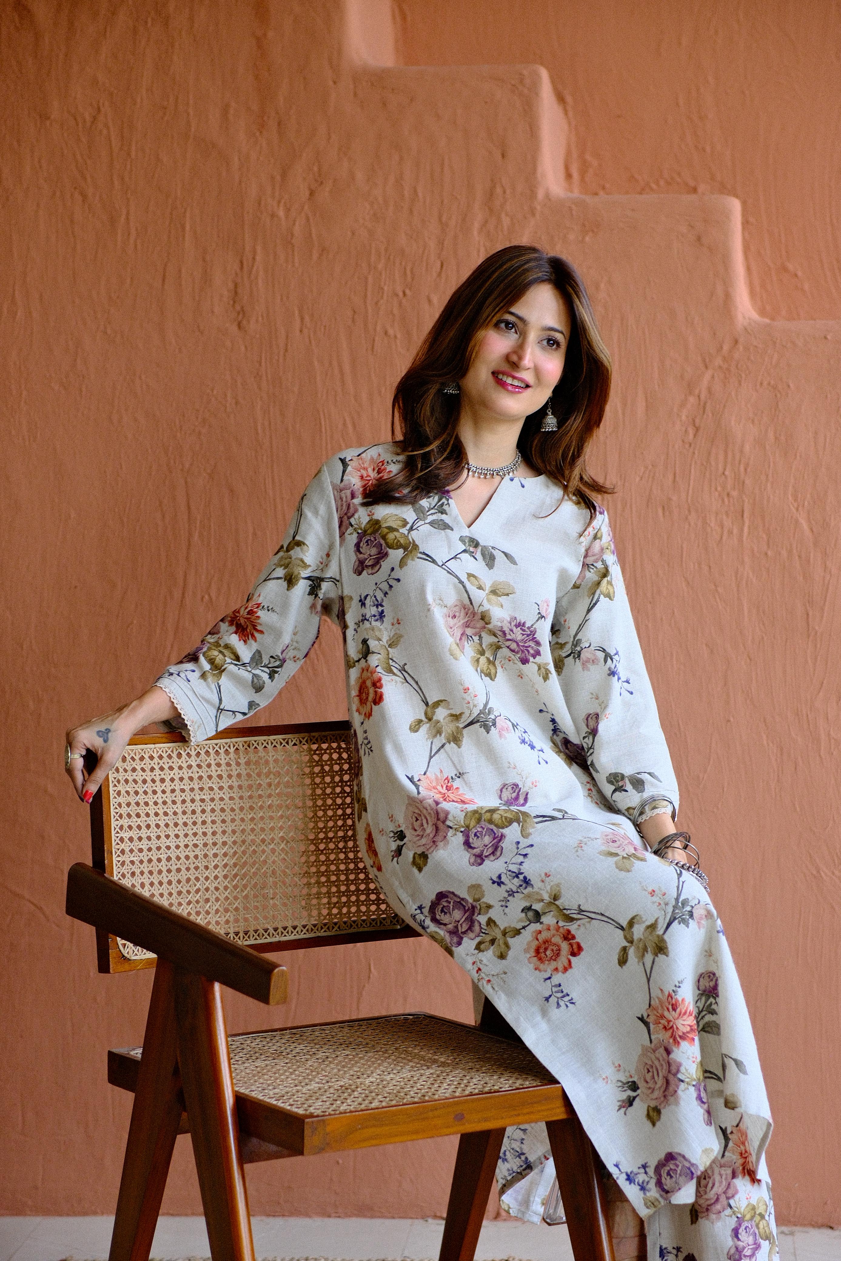 Rosalie Bloom Pure Linen Co-ord/Kurta Set | HER-465