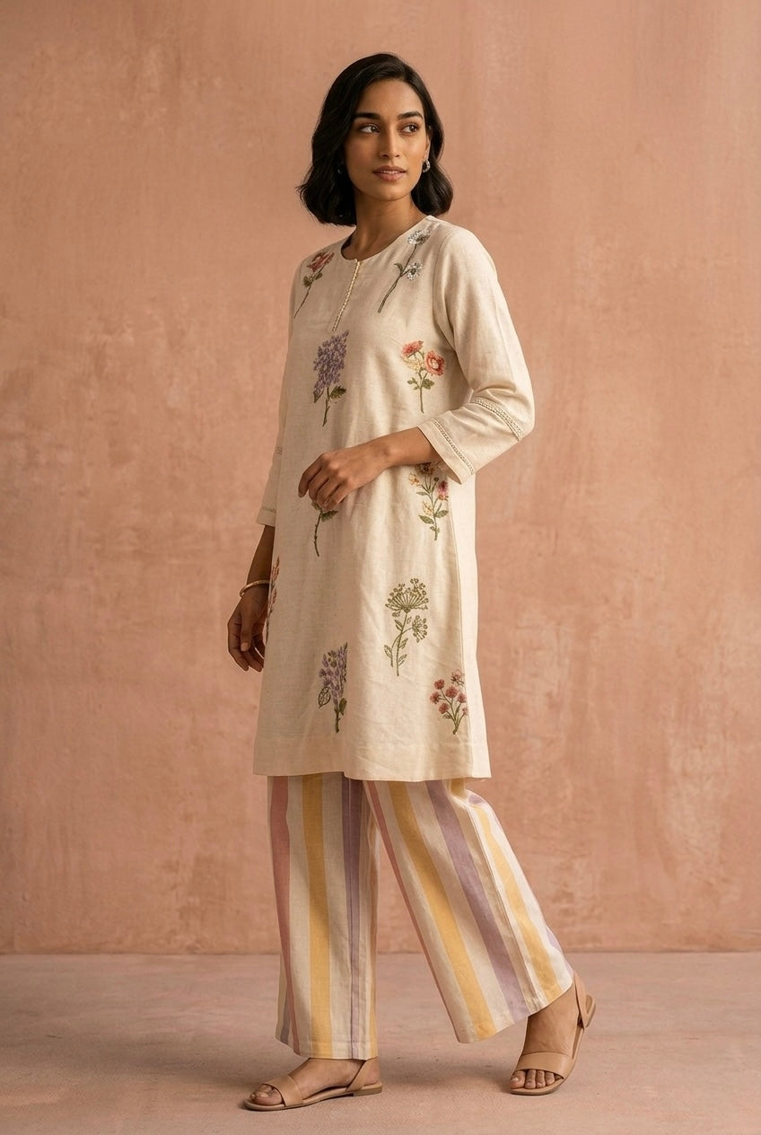 Ivory Botanical Embroidered A-Line Kurta Set | HER-630