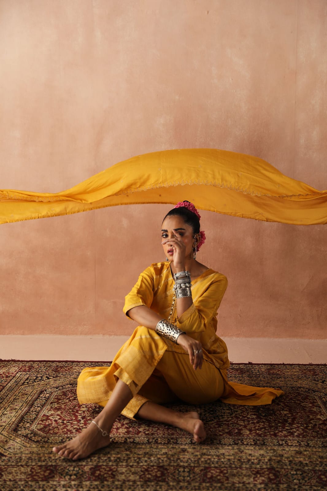 Yellow Zari Weaved Jacquard Suit Set