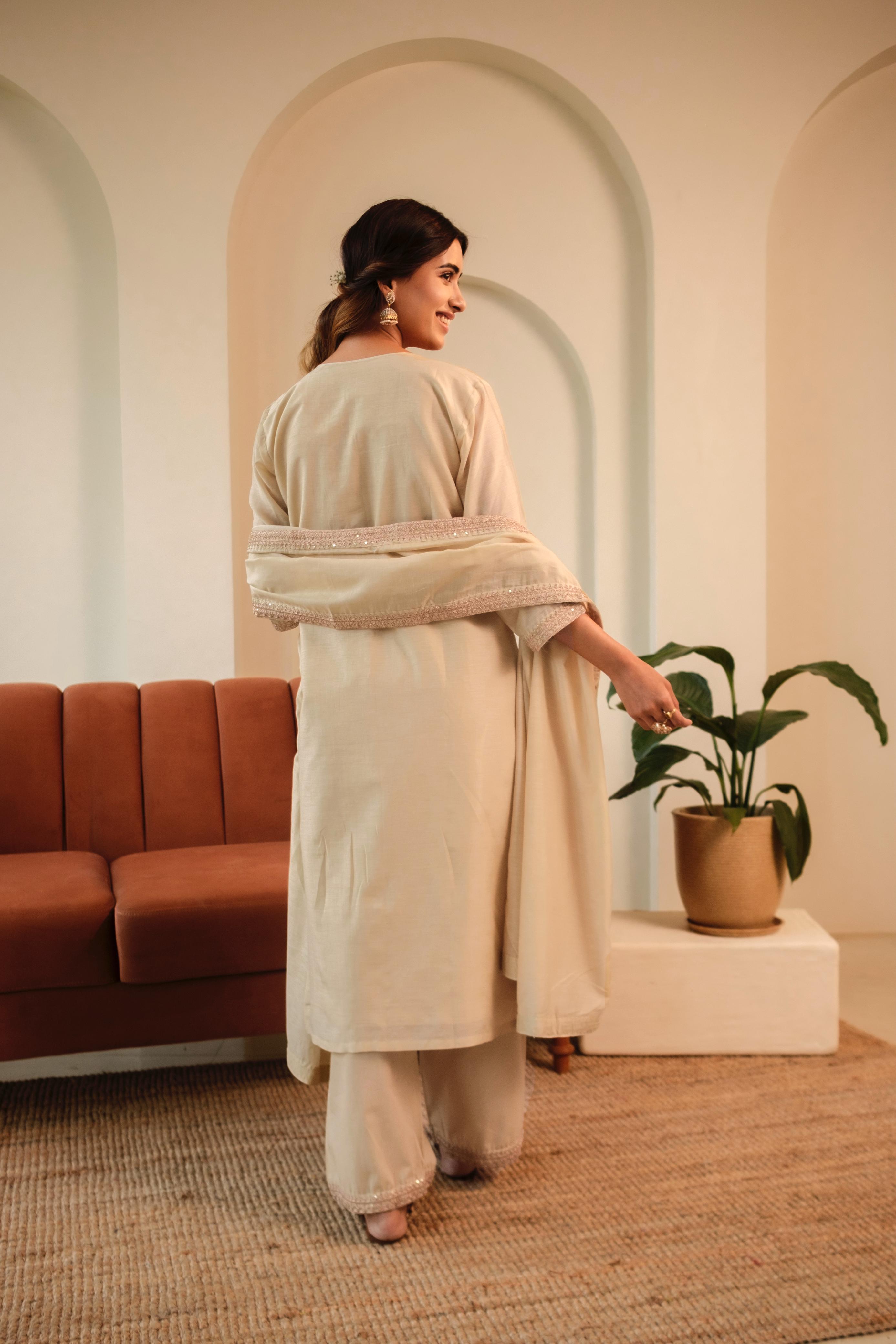 Aafreen Beige Mul Chanderi Embroidered Suit Set | HER-543