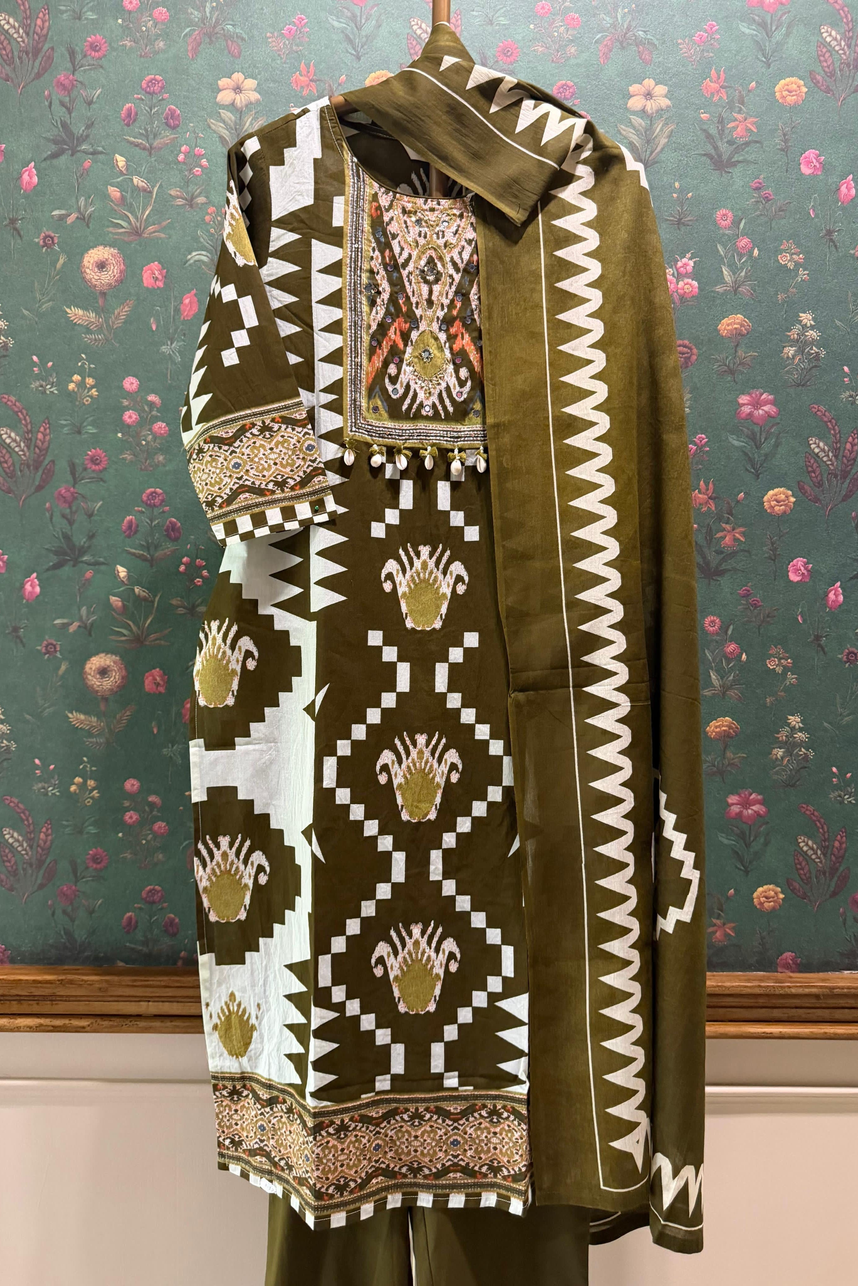 Kanak Ikat Olive Green Handcrafted Suit Set | HER-748