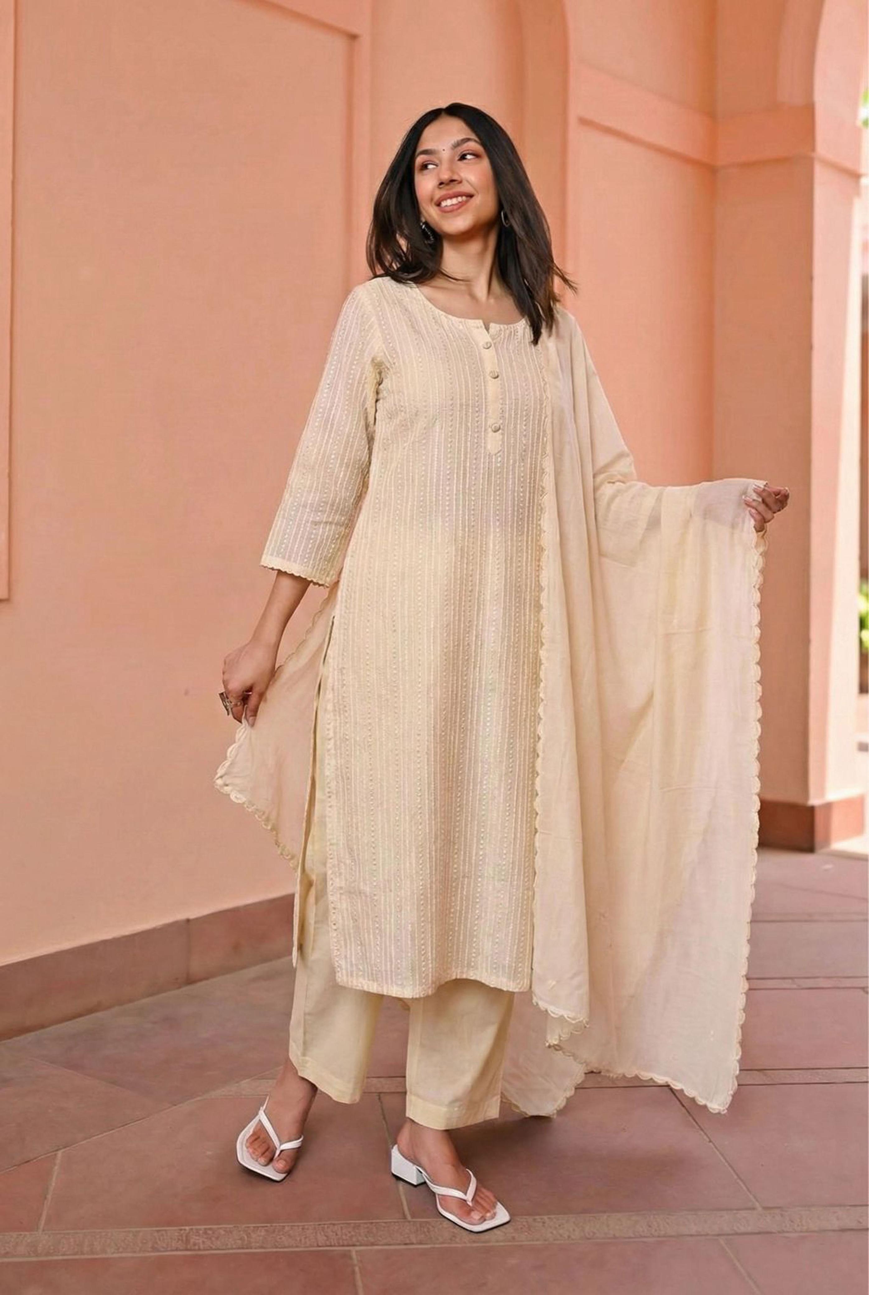Beige Embroidered Mul Chanderi Suit Set | HER-285