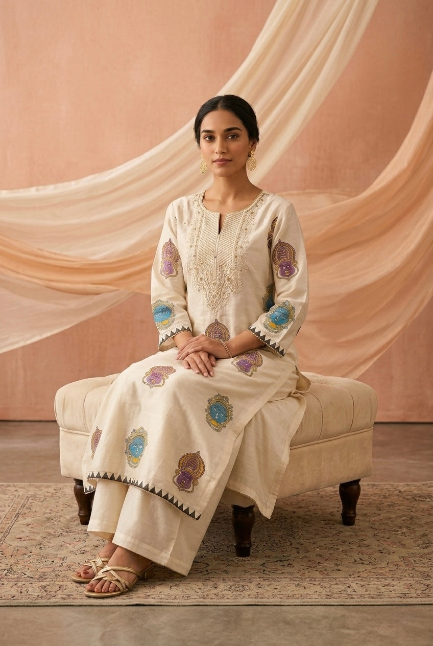 Handcrafted Ivory Printed Chanderi Long Suit Set x Noorin Sha | HER-611