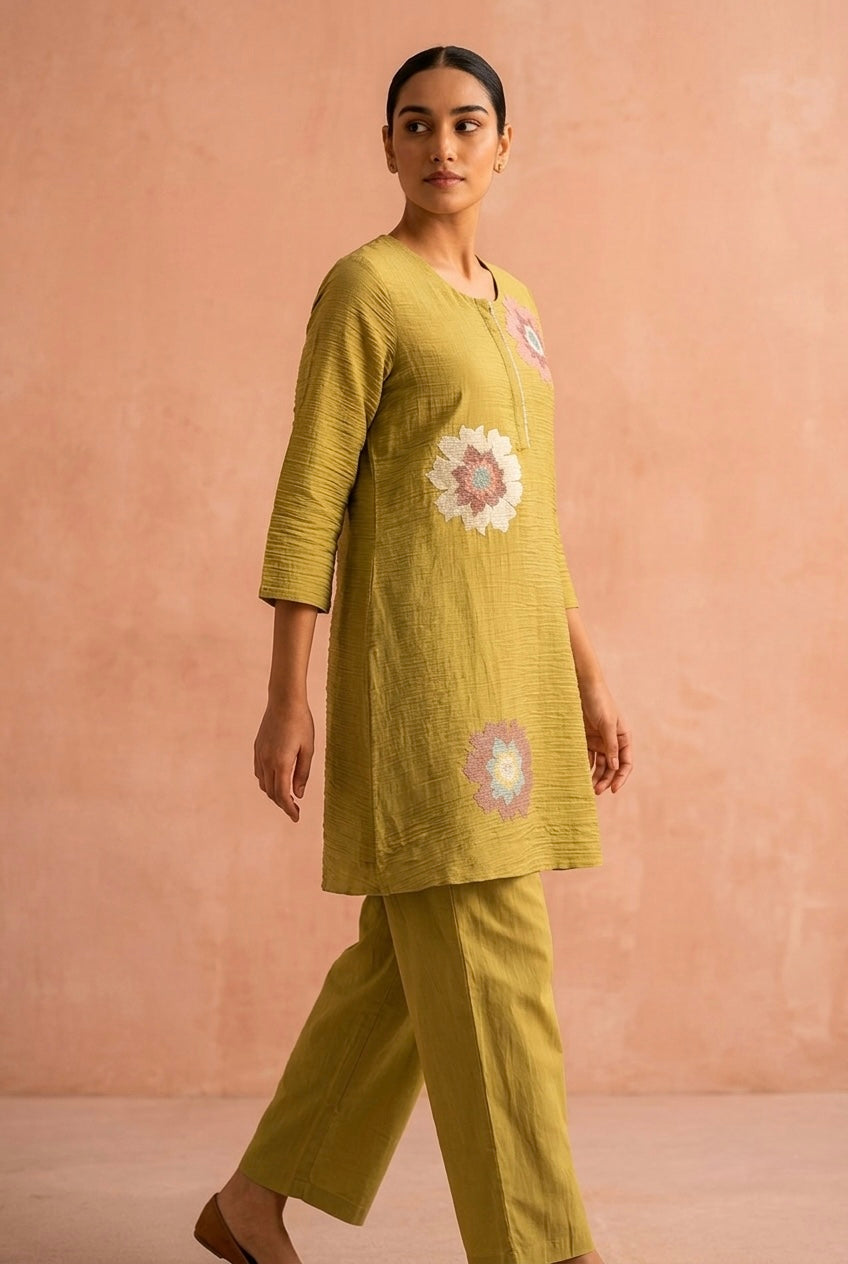 Meadow Bloom Handcrafted Co-ord Set, Lime Green | HER-623