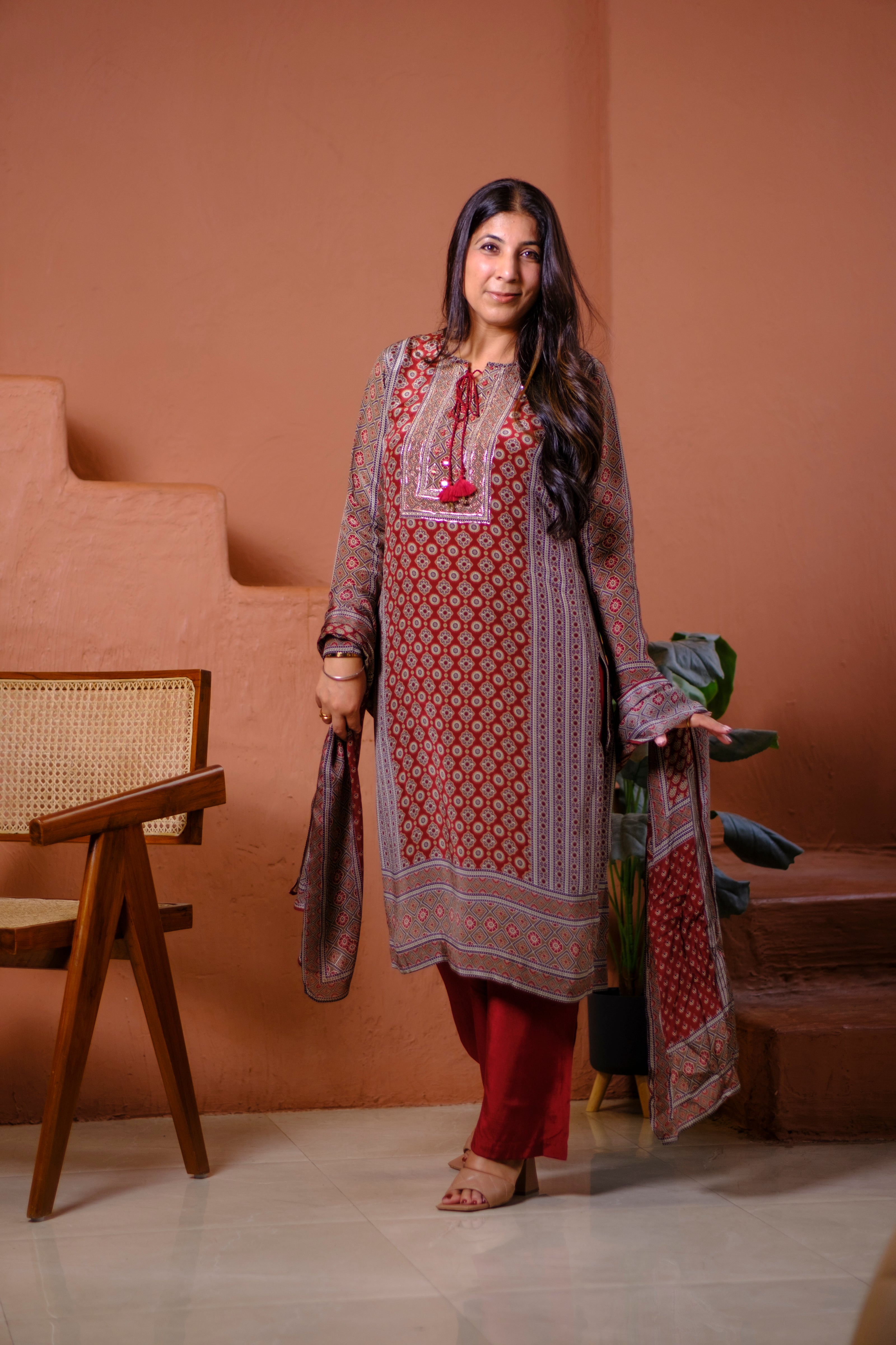 Rust Ajrakh Pure Crepe Suit Set | HER-634 x Navjeet Kaur