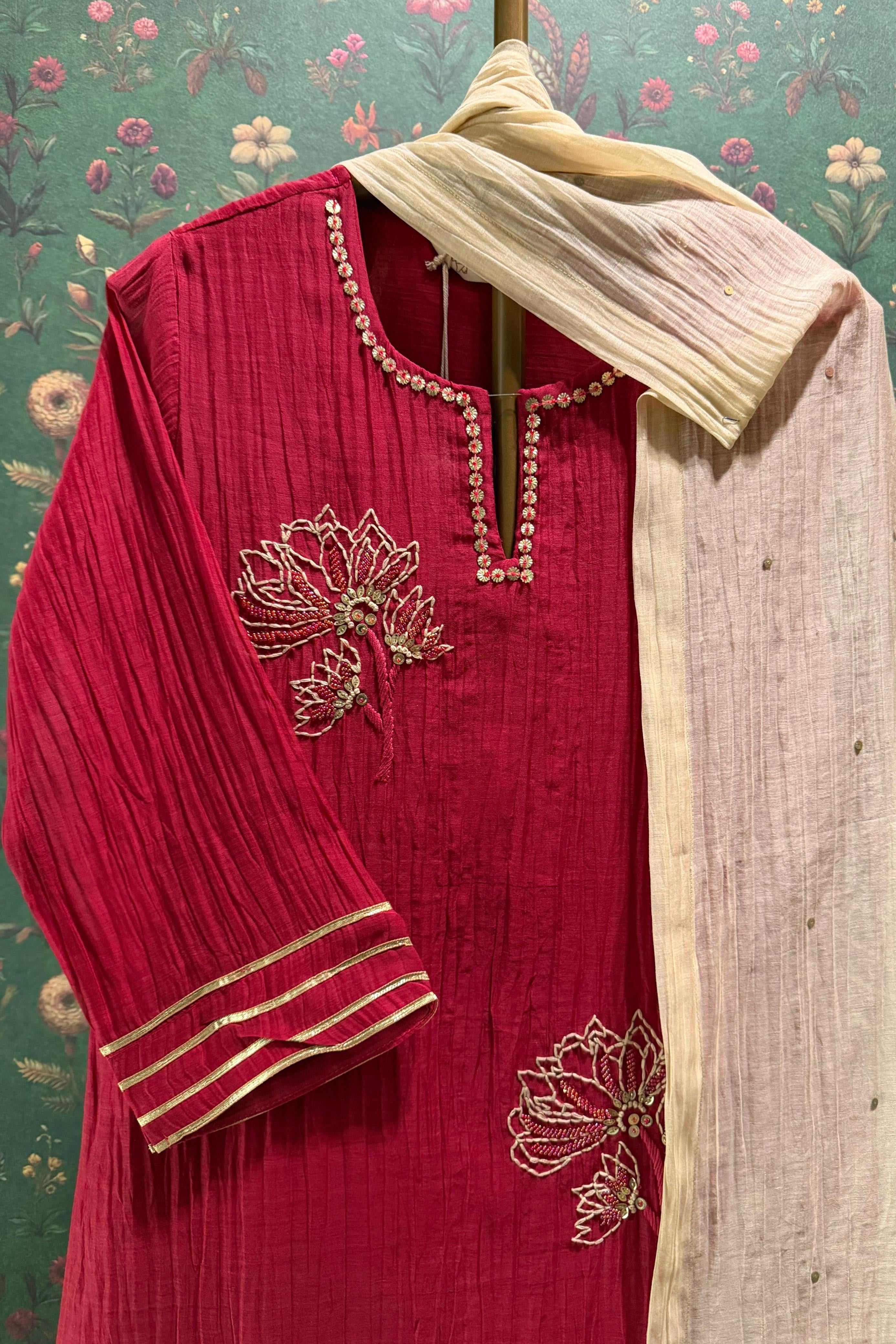 Gulbahaar Ruby Red Embroidered Suit Set | HER-624 PINK
