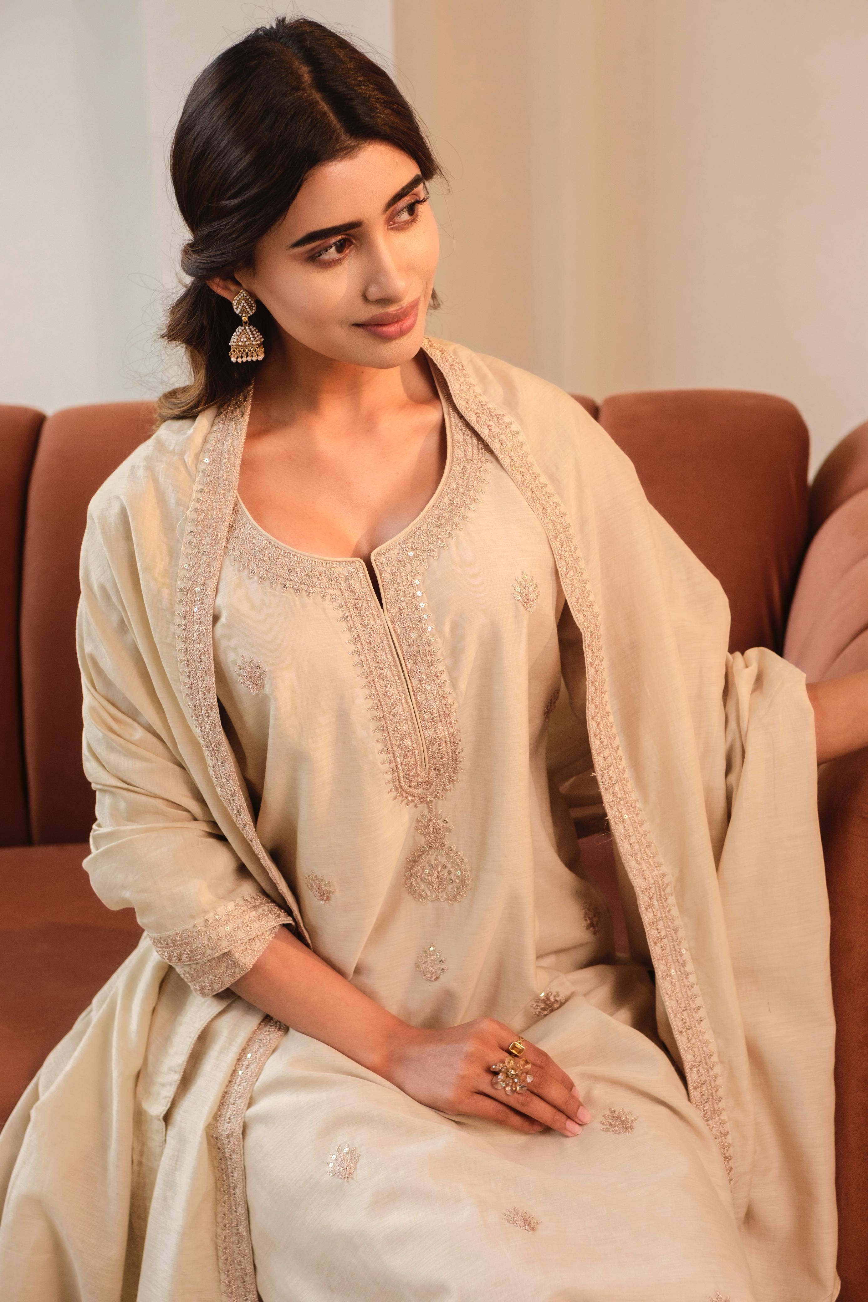 Aafreen Beige Mul Chanderi Embroidered Suit Set | HER-543