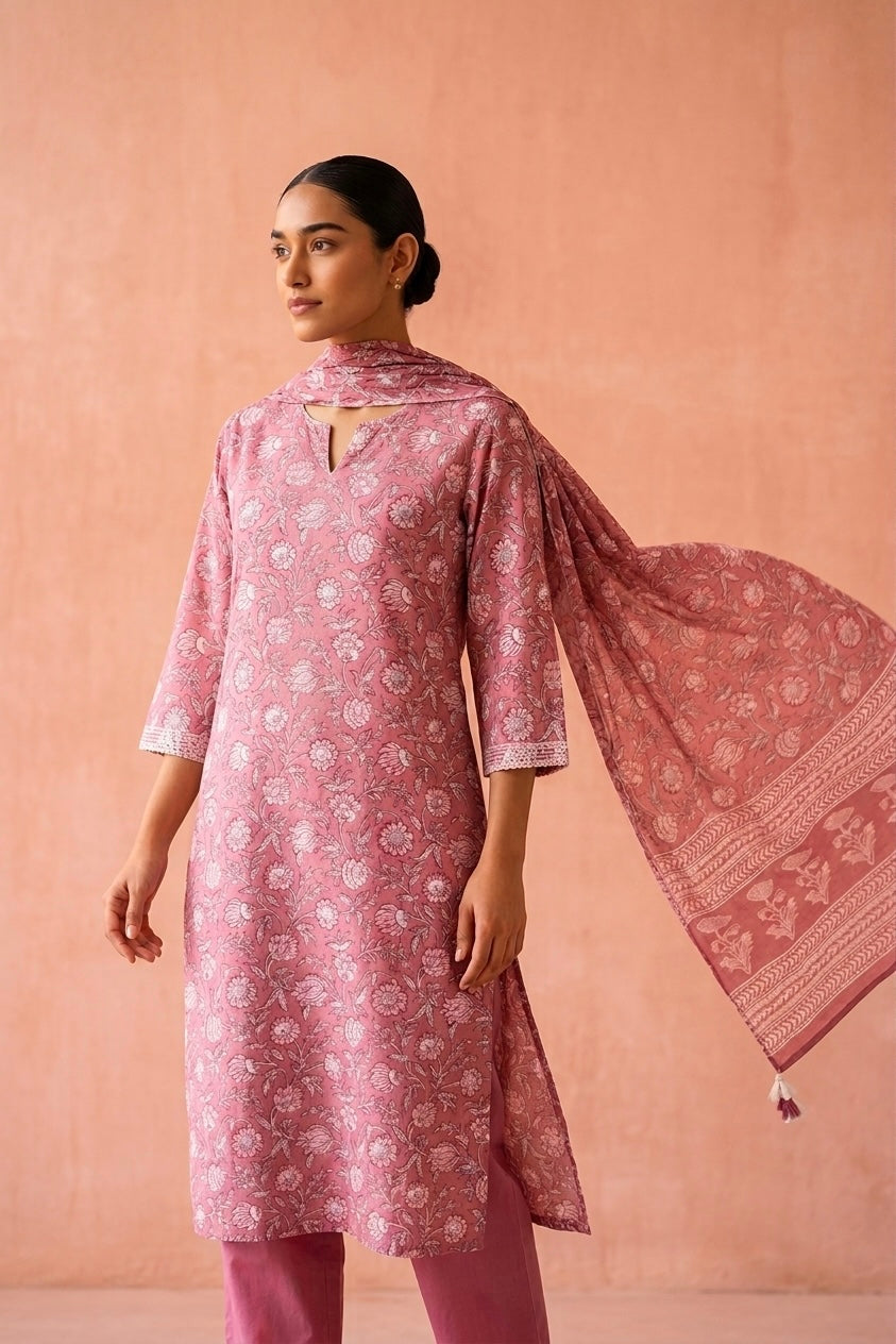 Pink Straight Fit Cotton Suit Set | HER-451