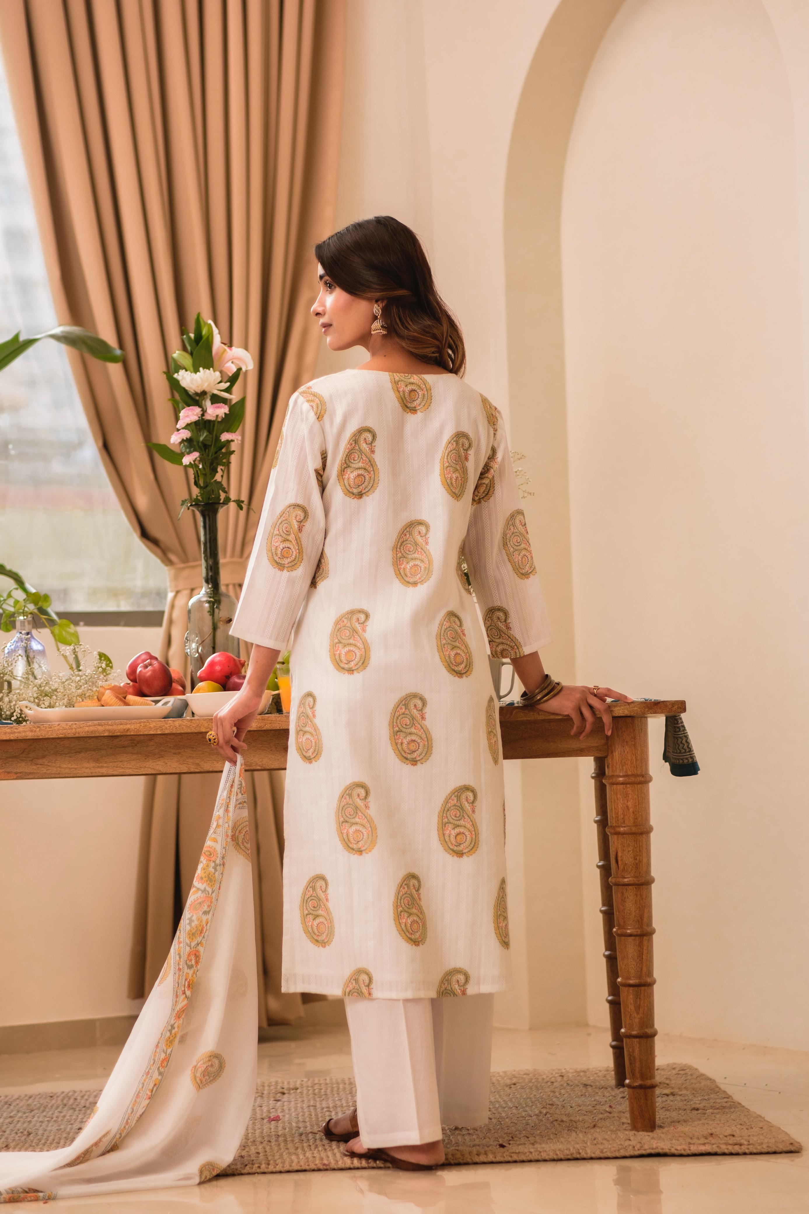 White Paisley Handblock Cotton Suit Set | HER-535