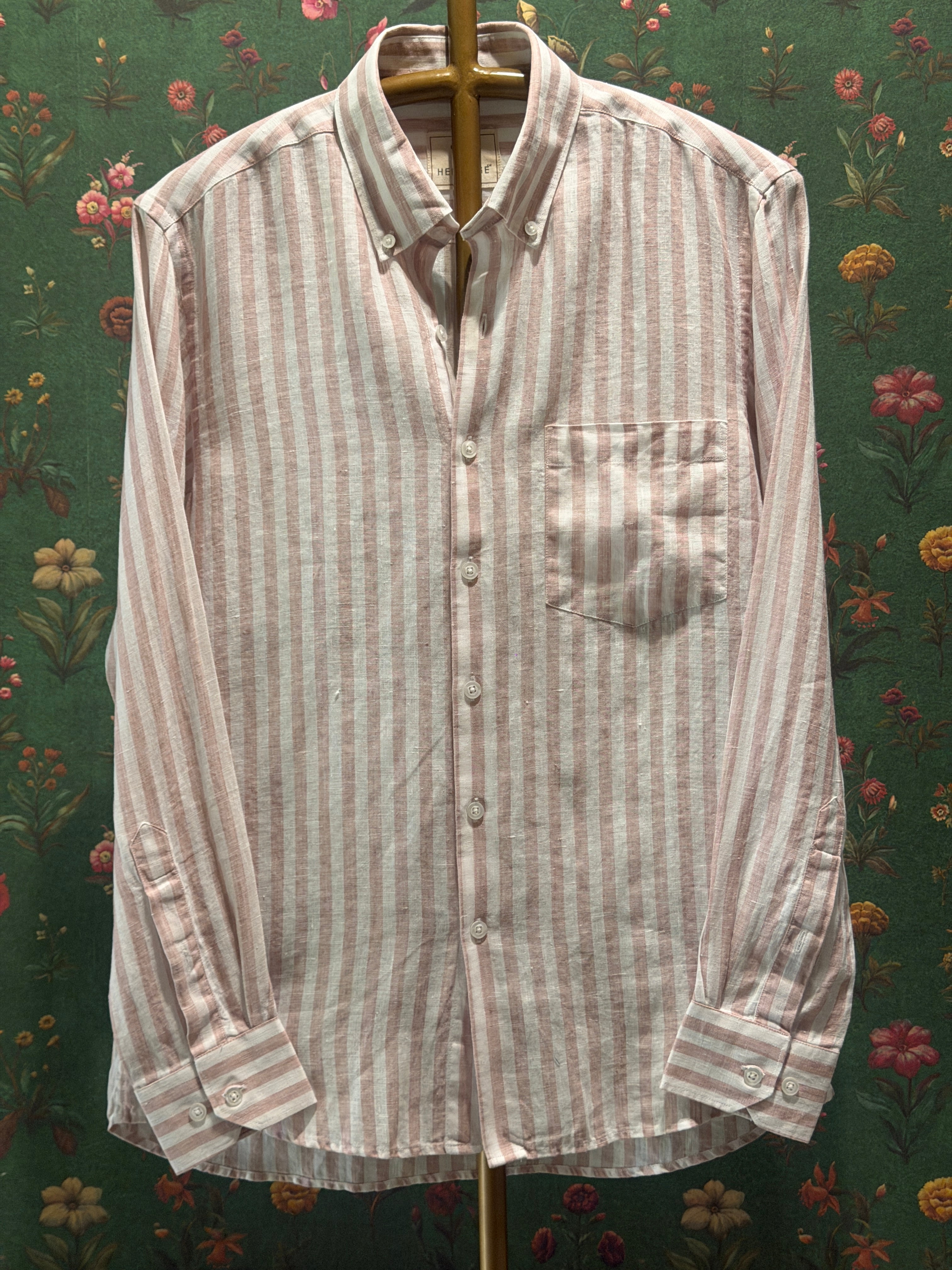 Men’s Blush Pink & White Striped Pure Linen Full Sleeves Shirt