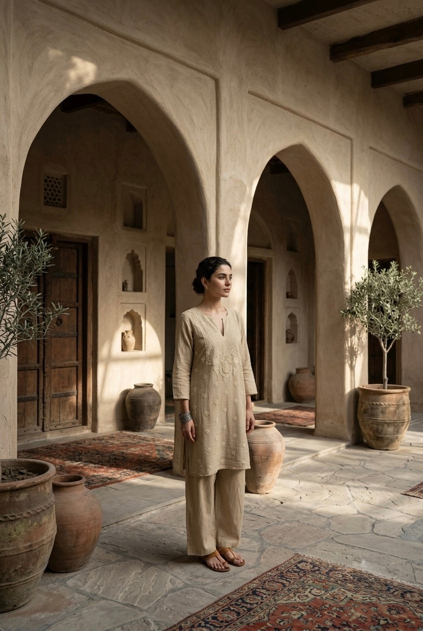 Sand Beige Mul-Chanderi Kurta Set