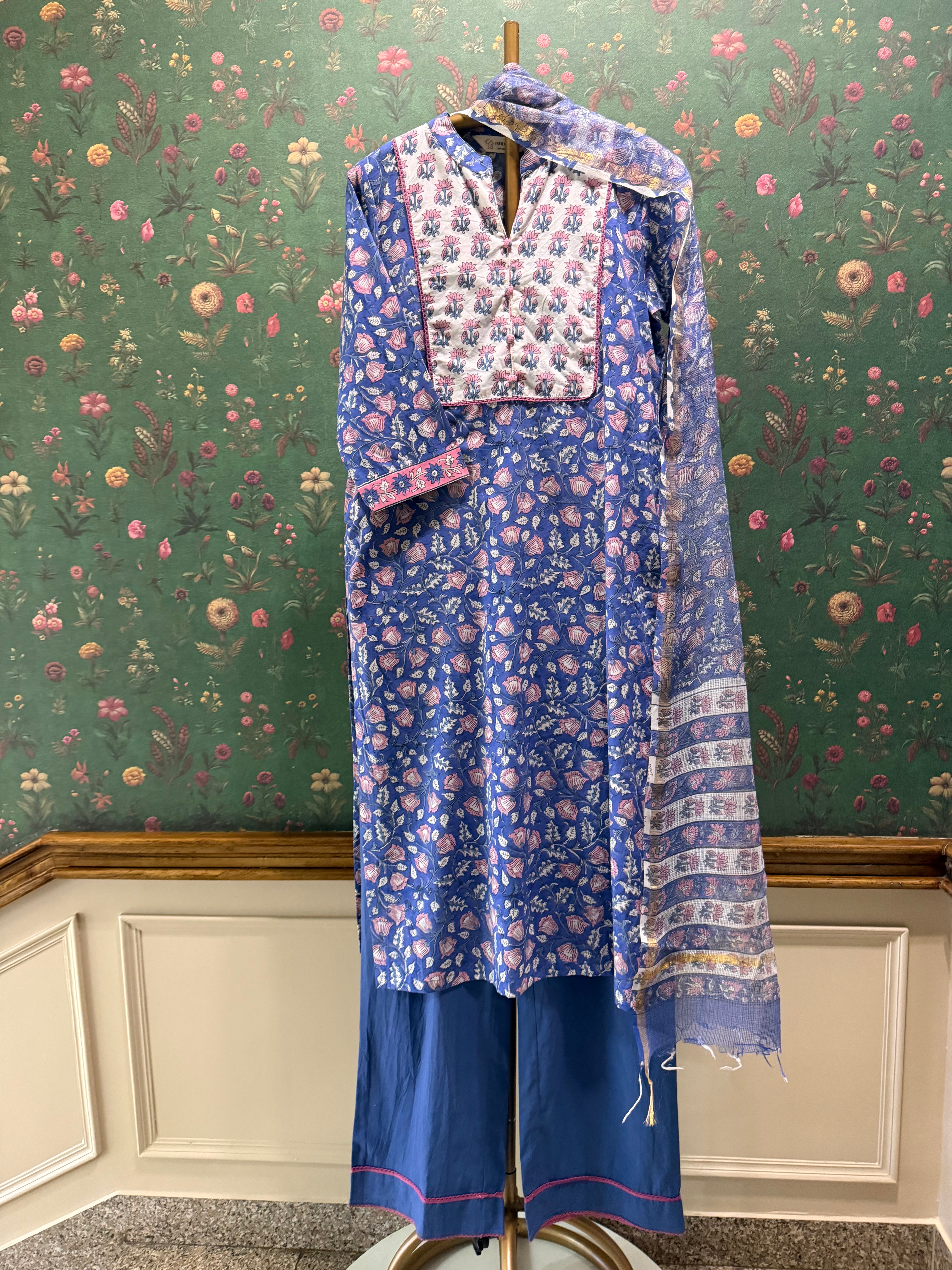 Blue Floral Printed Cotton Suit Set, with Kota Doria Dupatta | HER-753