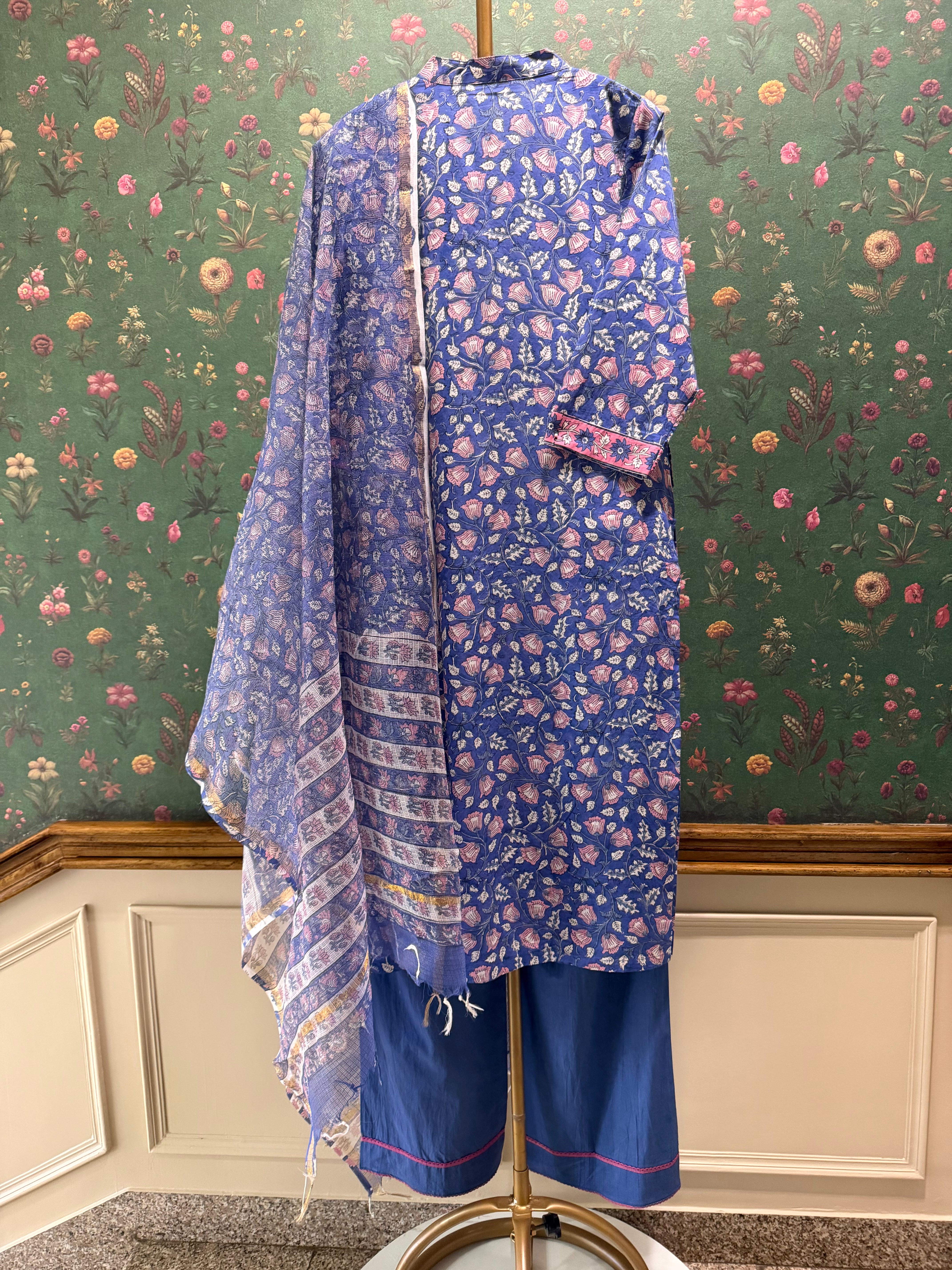 Blue Floral Printed Cotton Suit Set, with Kota Doria Dupatta | HER-753