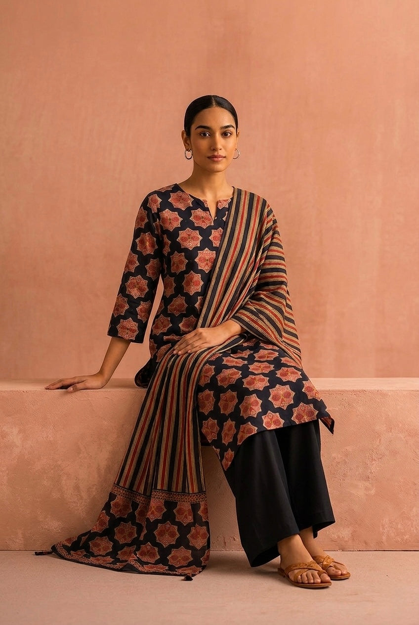 Floral Black Printed Cotton Suit Set | HER-724