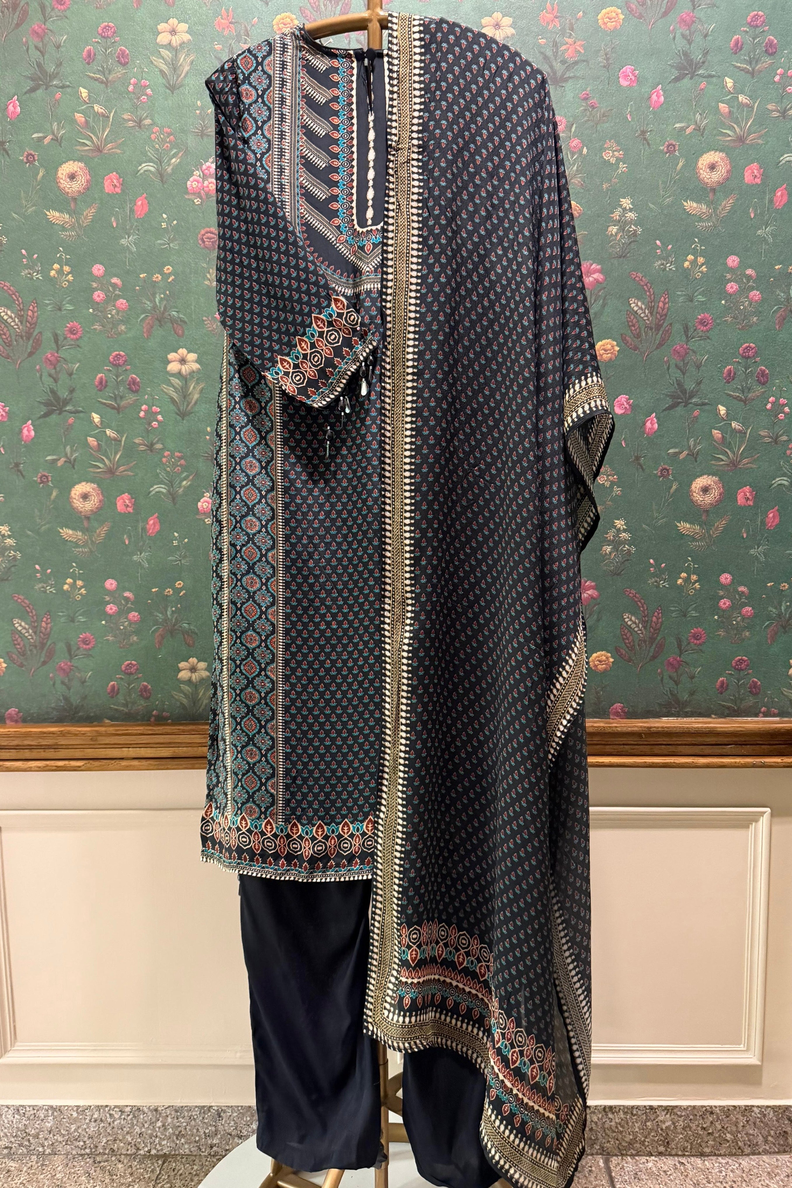 Black Tribal Mirror Work Printed Suit Set | HER-616