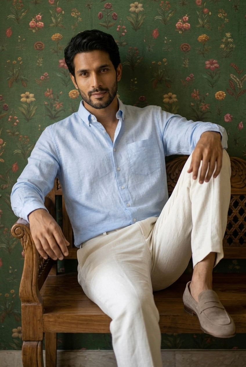 Pastel Blue Men’s Pure Linen Full Sleeves Shirt