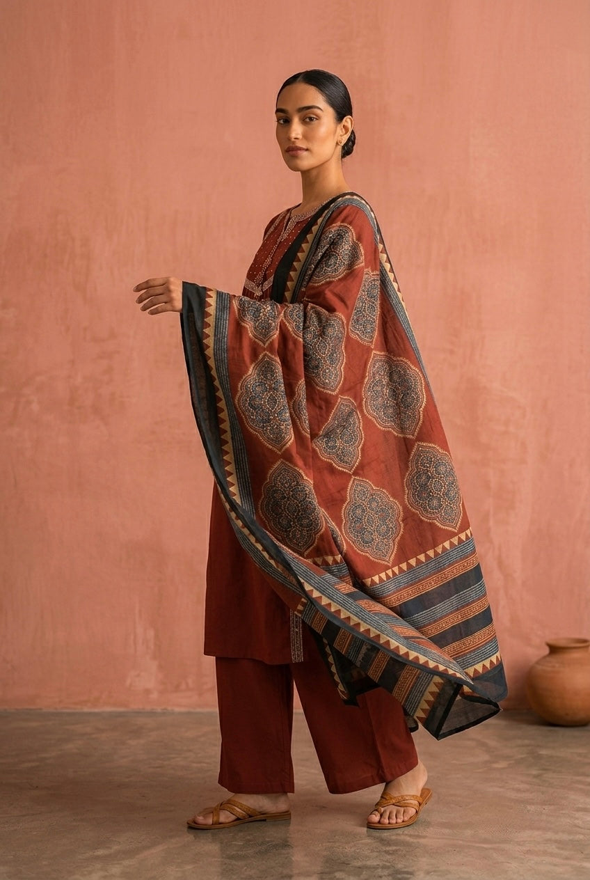 Rust Gathered Yoke Cotton Suit Set | HER-694