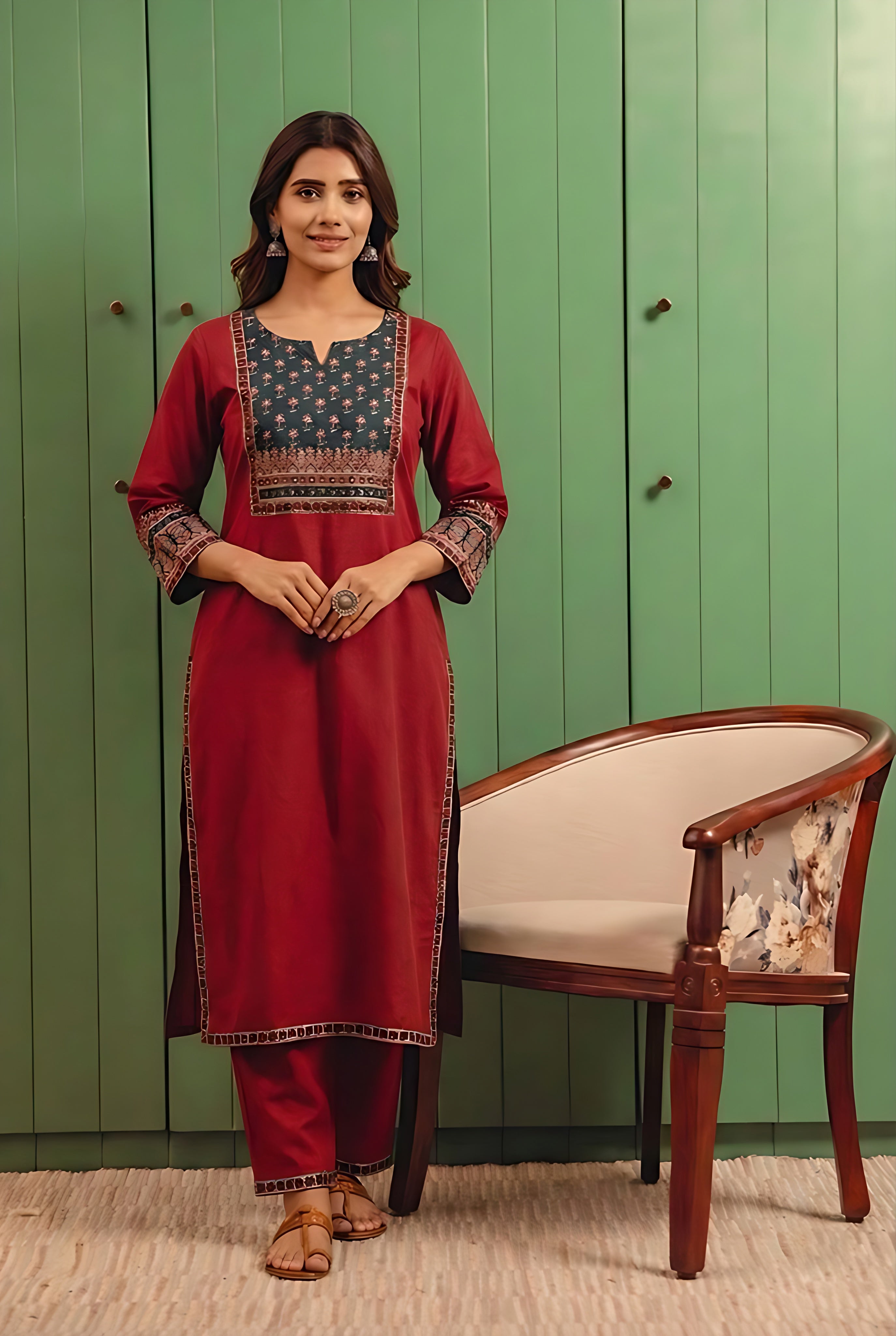 Maroon Straight Fit Cotton Kurta Set | HER-496