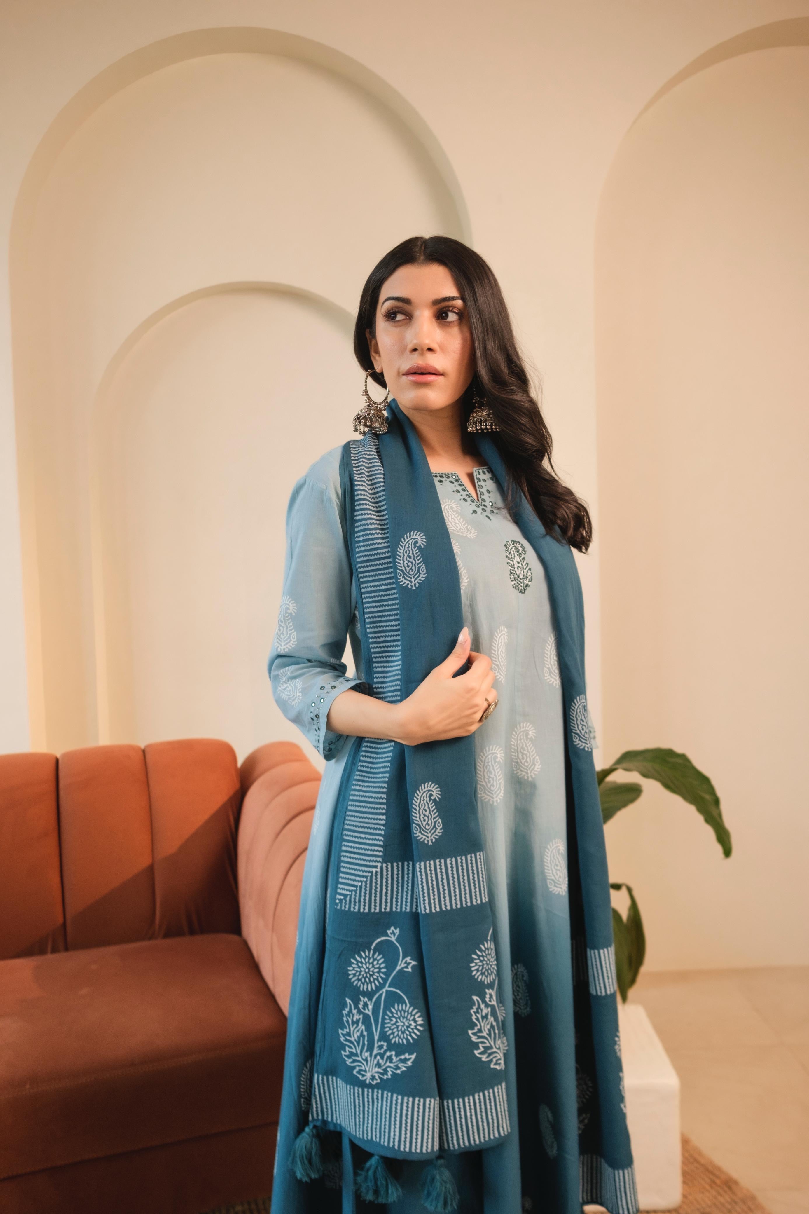 Ombré Blue A-Line Suit Set, with Palazzo Pants | HER-545