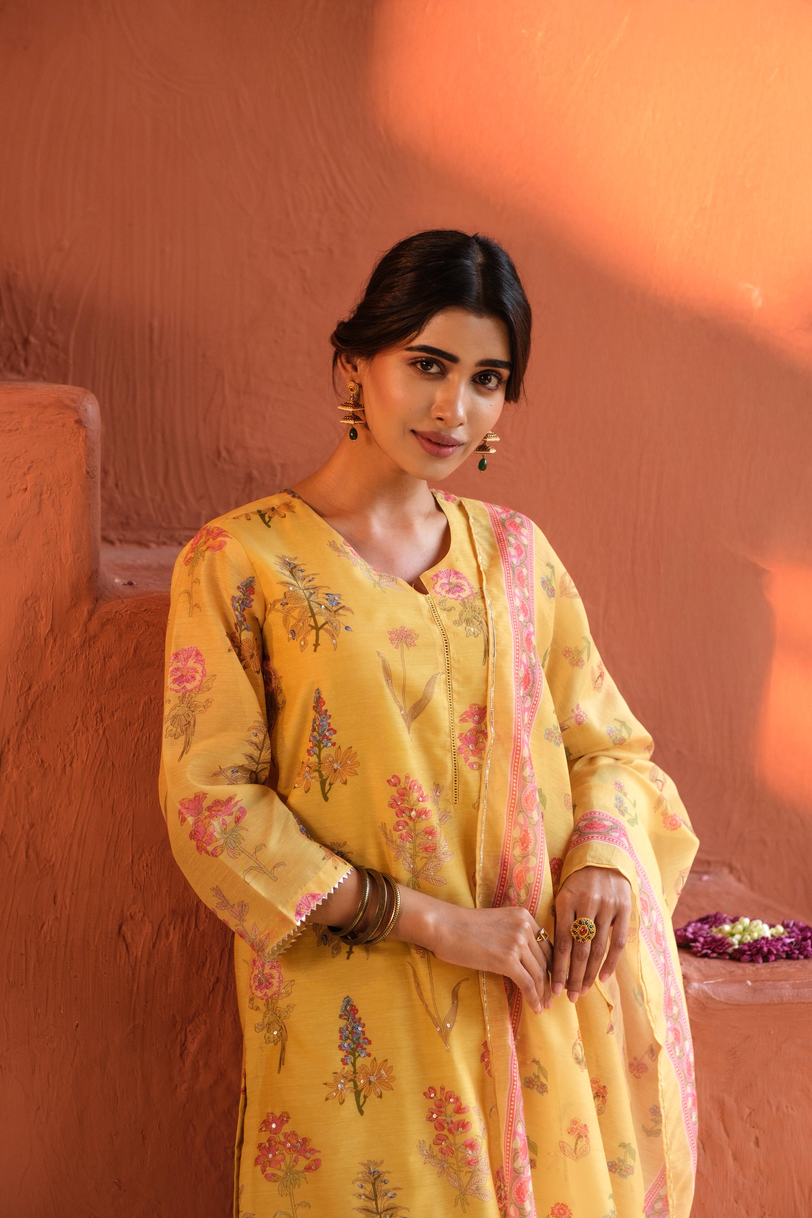 Floral Bloom Yellow Chanderi Suit Set | HER-420