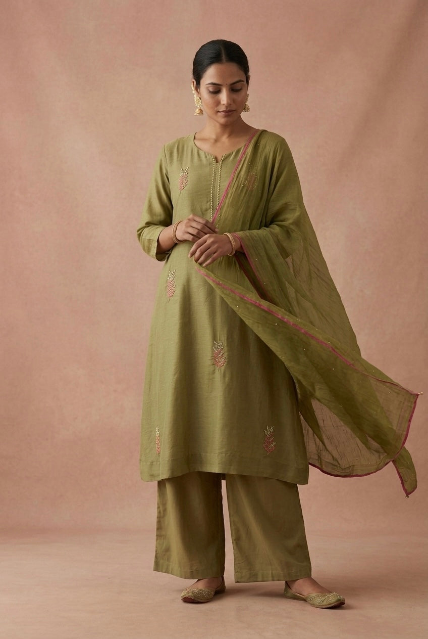 Olive Green Embellished Mul Chanderi A-Line Suit Set