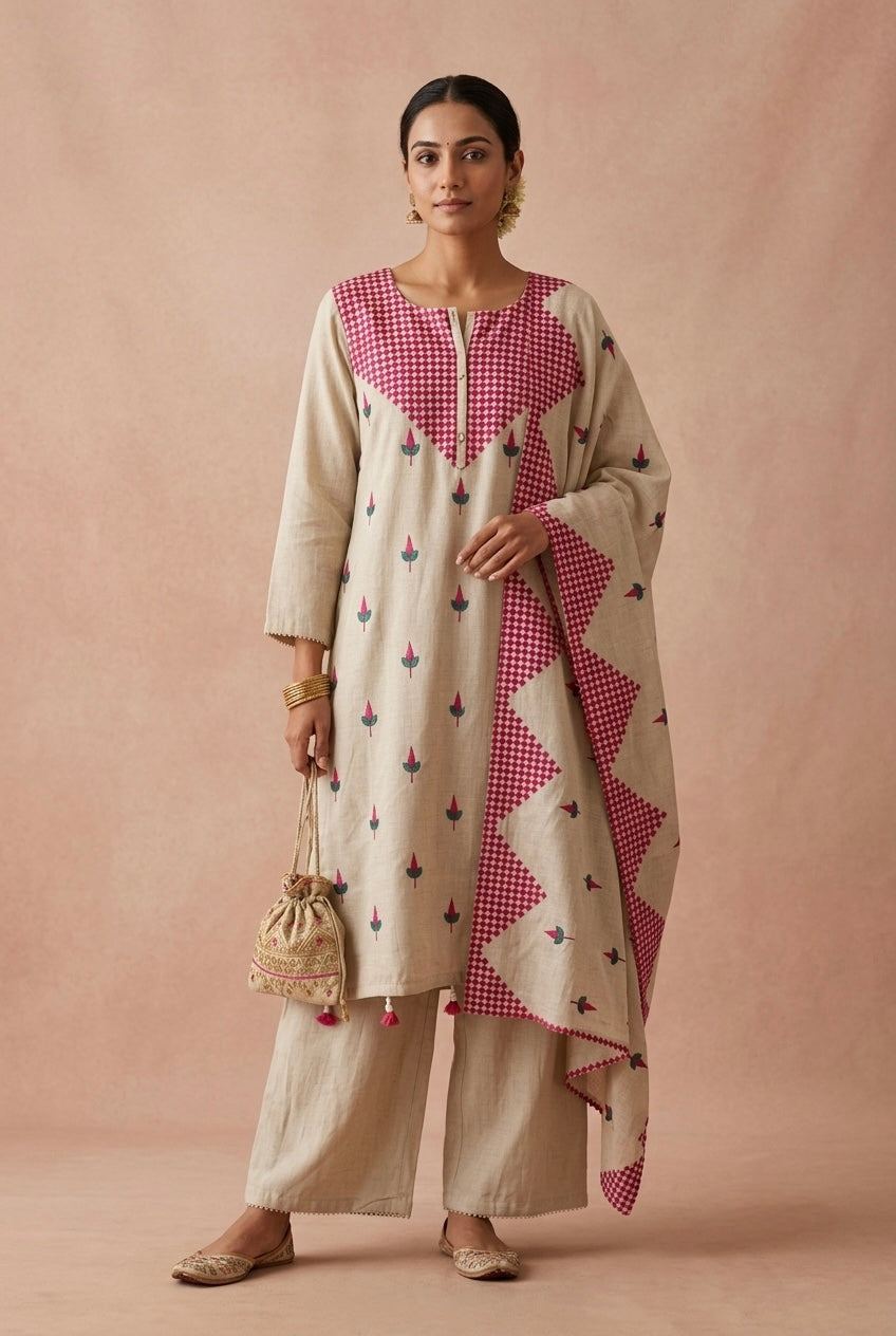 Ivory Beige and Pink Embroidered Pure Chanderi Suit Set