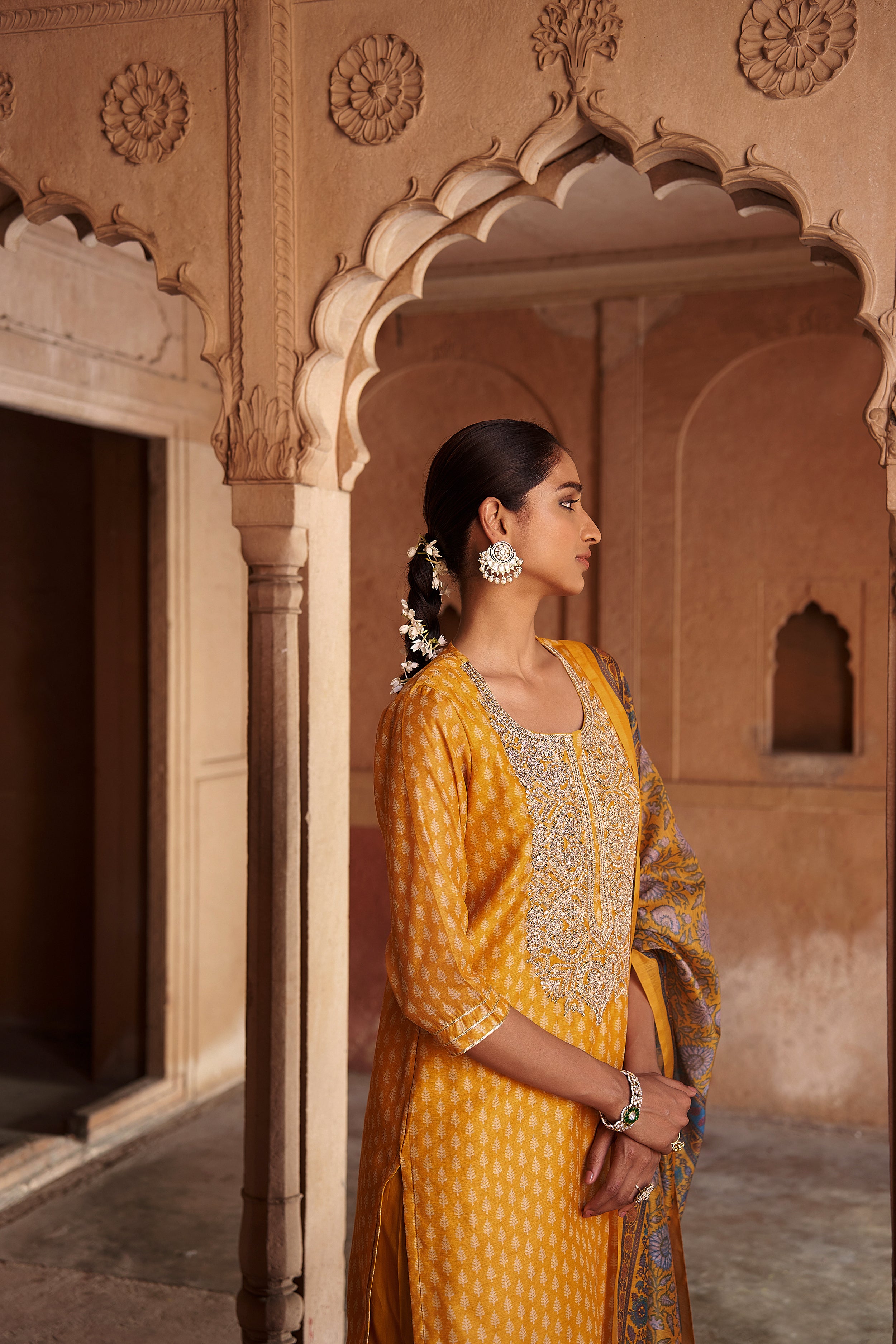 Mustard Chanderi Embroidered Suit Set
