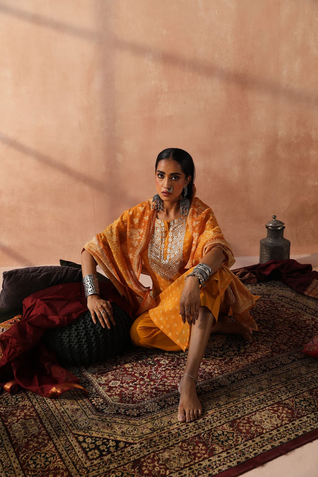 Mustard Yellow Bandhani Chanderi Suit Set