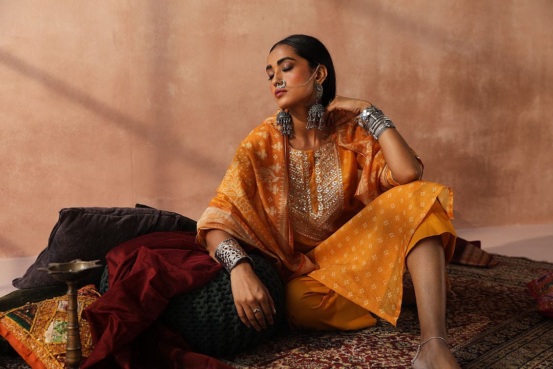 Mustard Yellow Bandhani Chanderi Suit Set