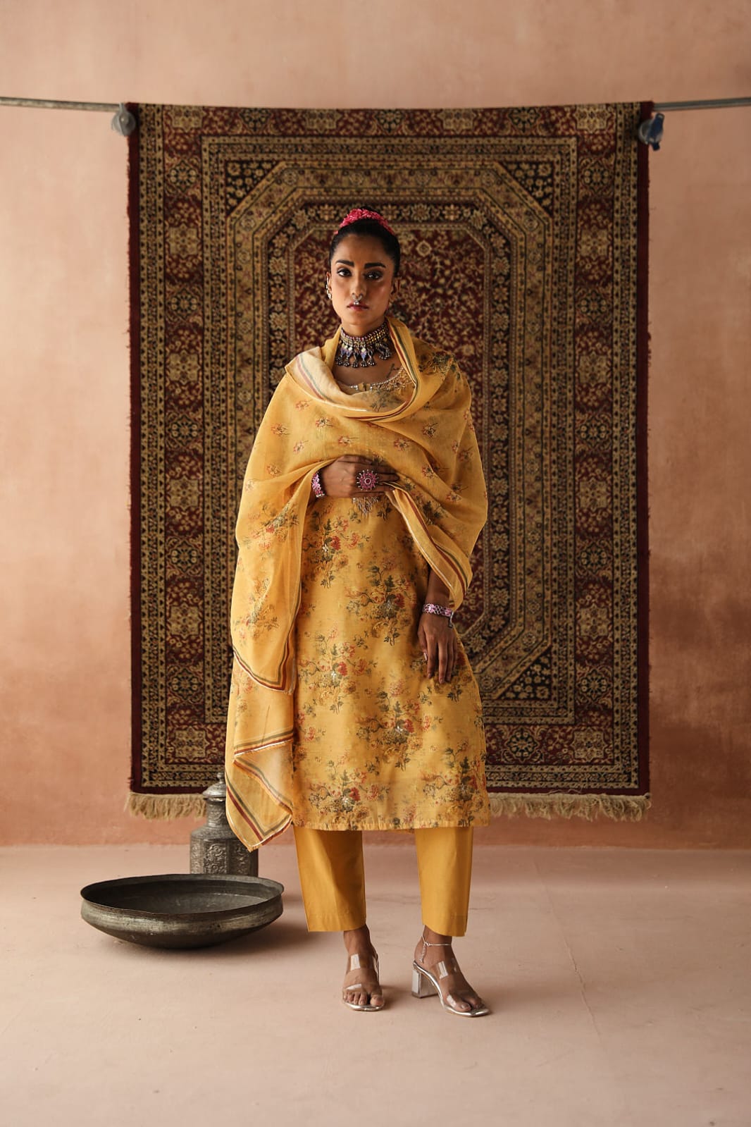 Heer Floral Yellow Chanderi Suit Set | HER-255