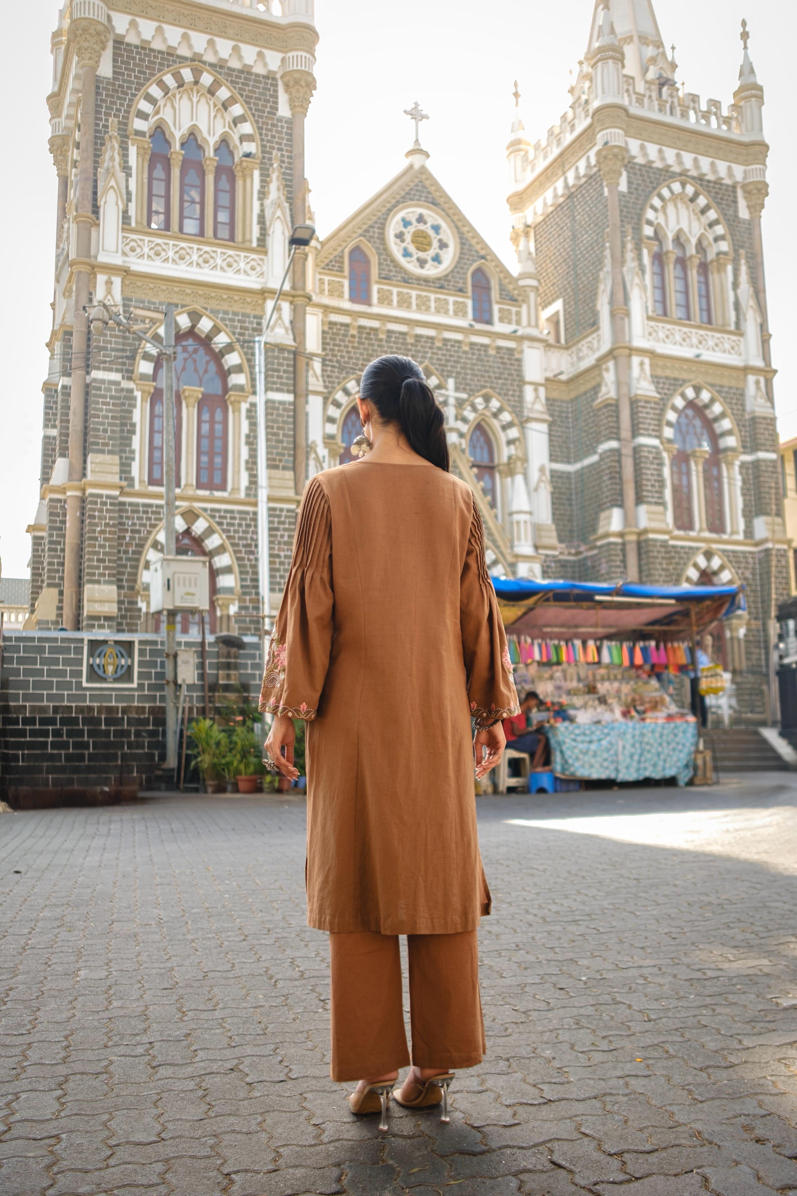 Caramel Brown Embroidered A-Line Kurta Set | HER-723
