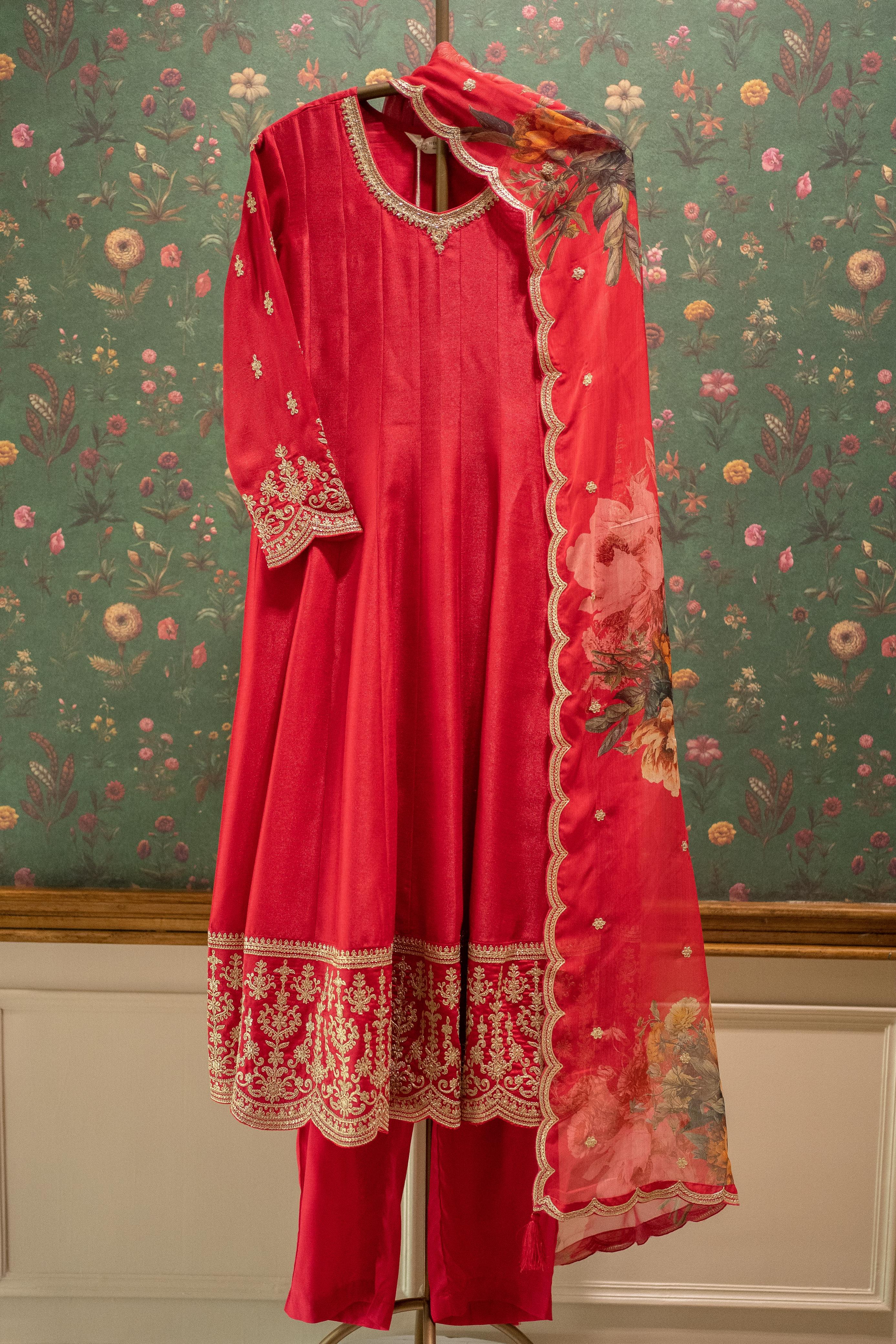 Ruhani Red Satin Silk Suit Set with Golden Embroidery & Floral Organza Dupatta | HER-560