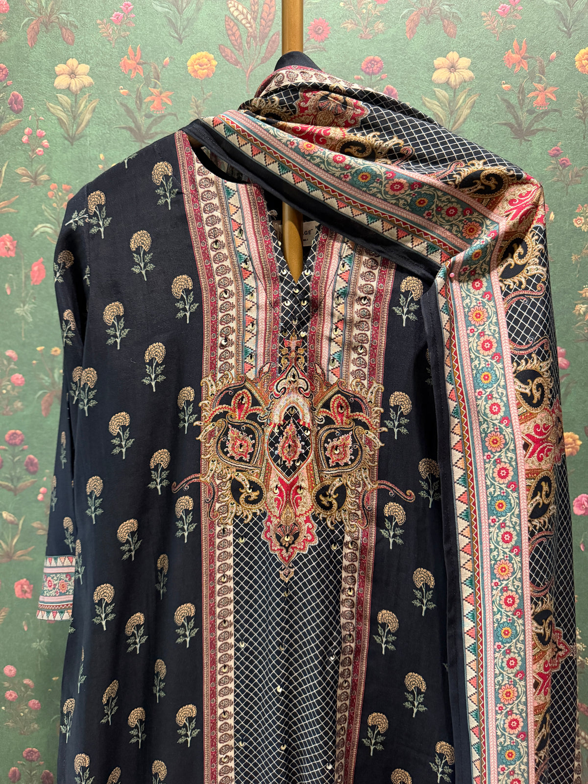 Black Printed Muslin Printed Suit Set