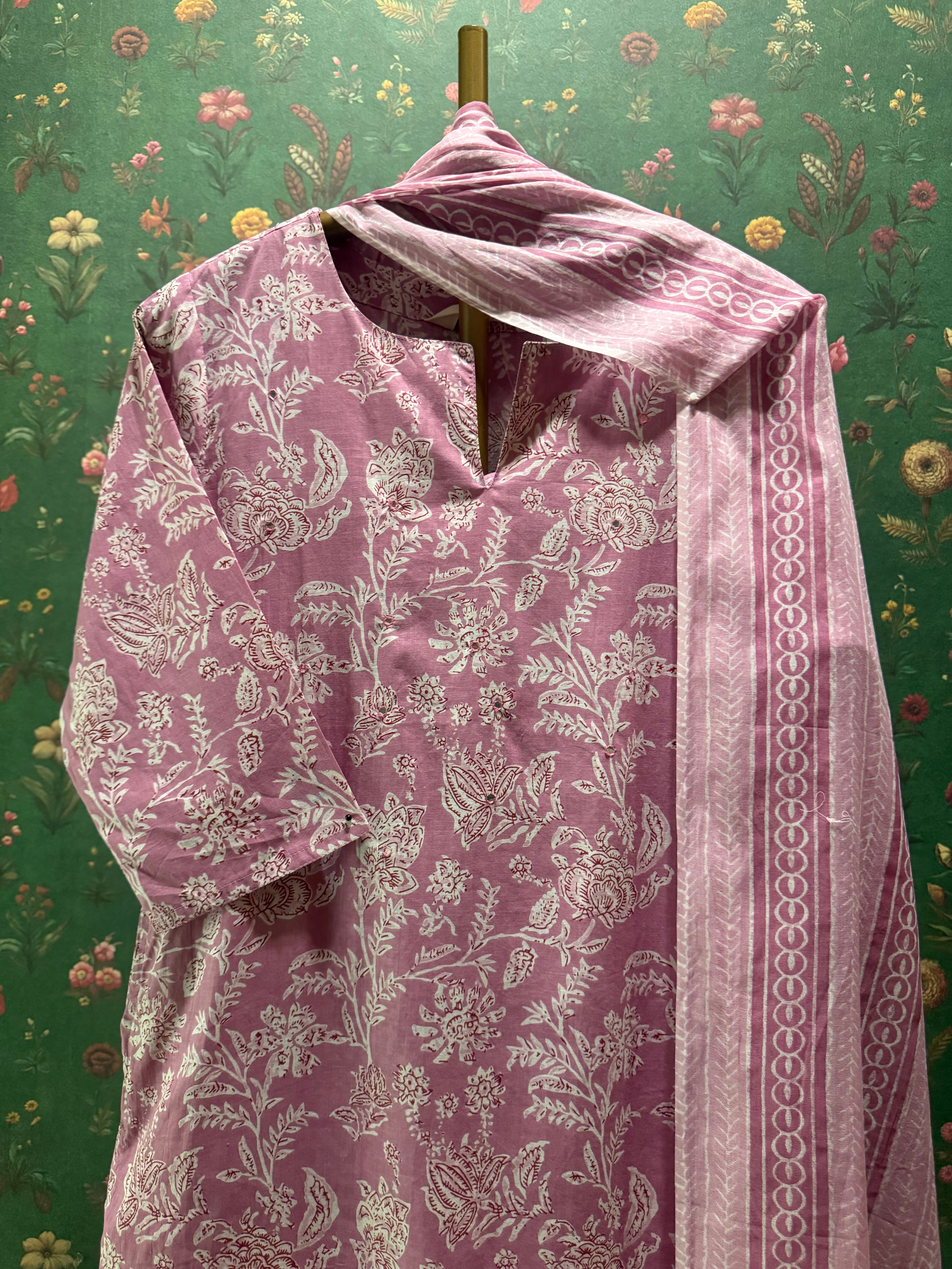 Blush Pink Printed Cotton Suit Set | HER-731