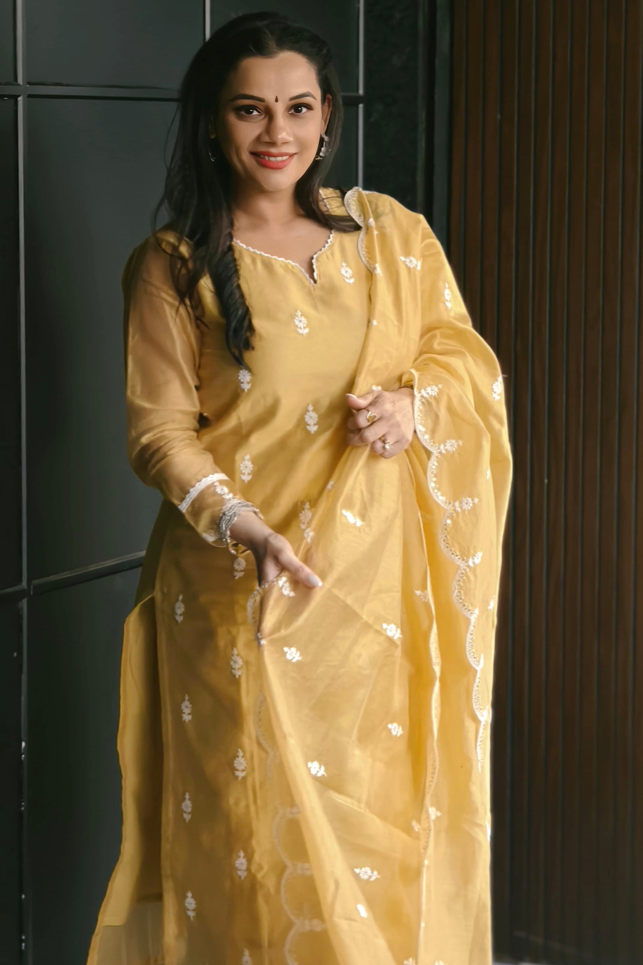 Mustard Yellow Hand-Embroidered Chanderi Suit Set | HER-406