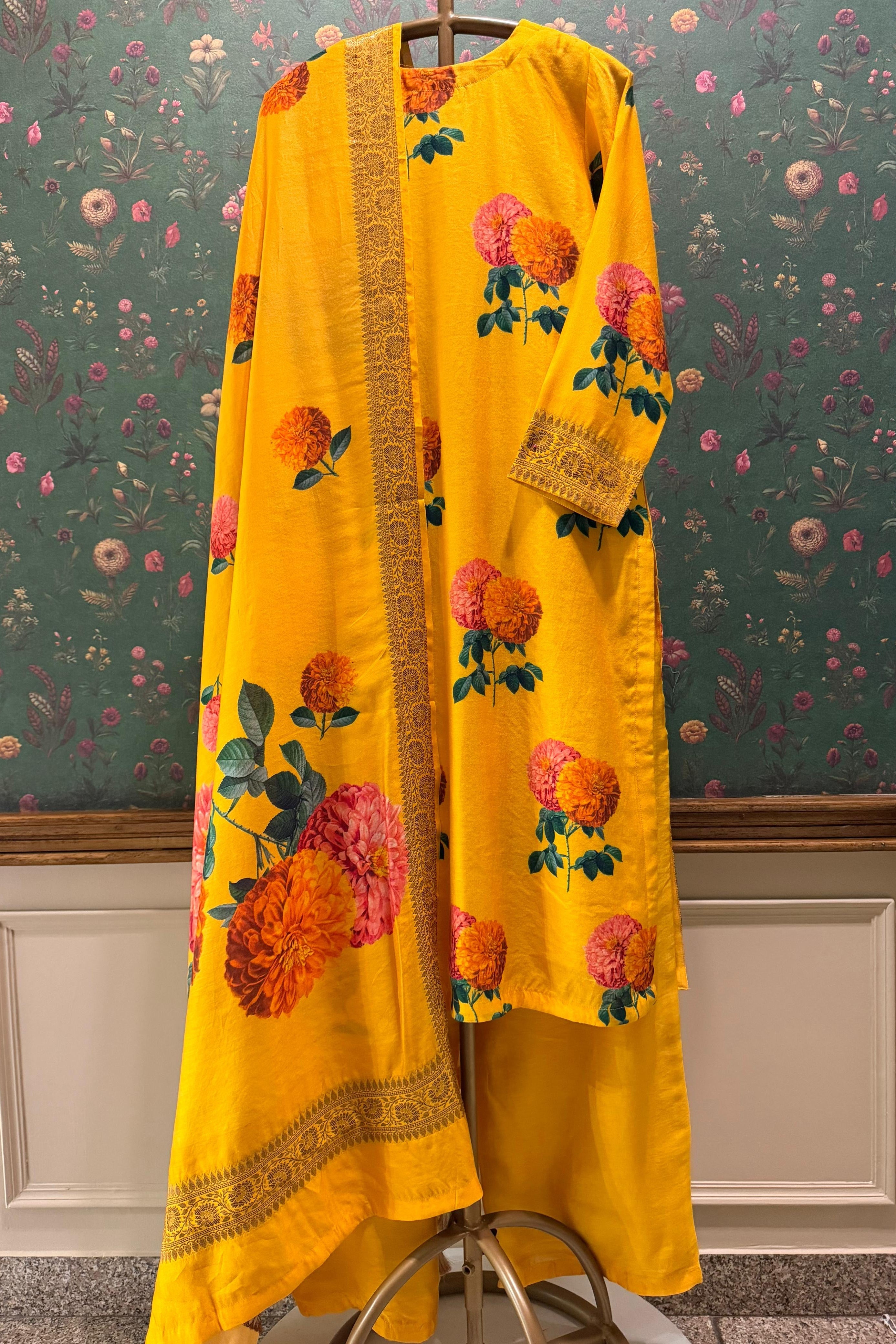 Yellow Floral Chanderi Suit Set | HER-608