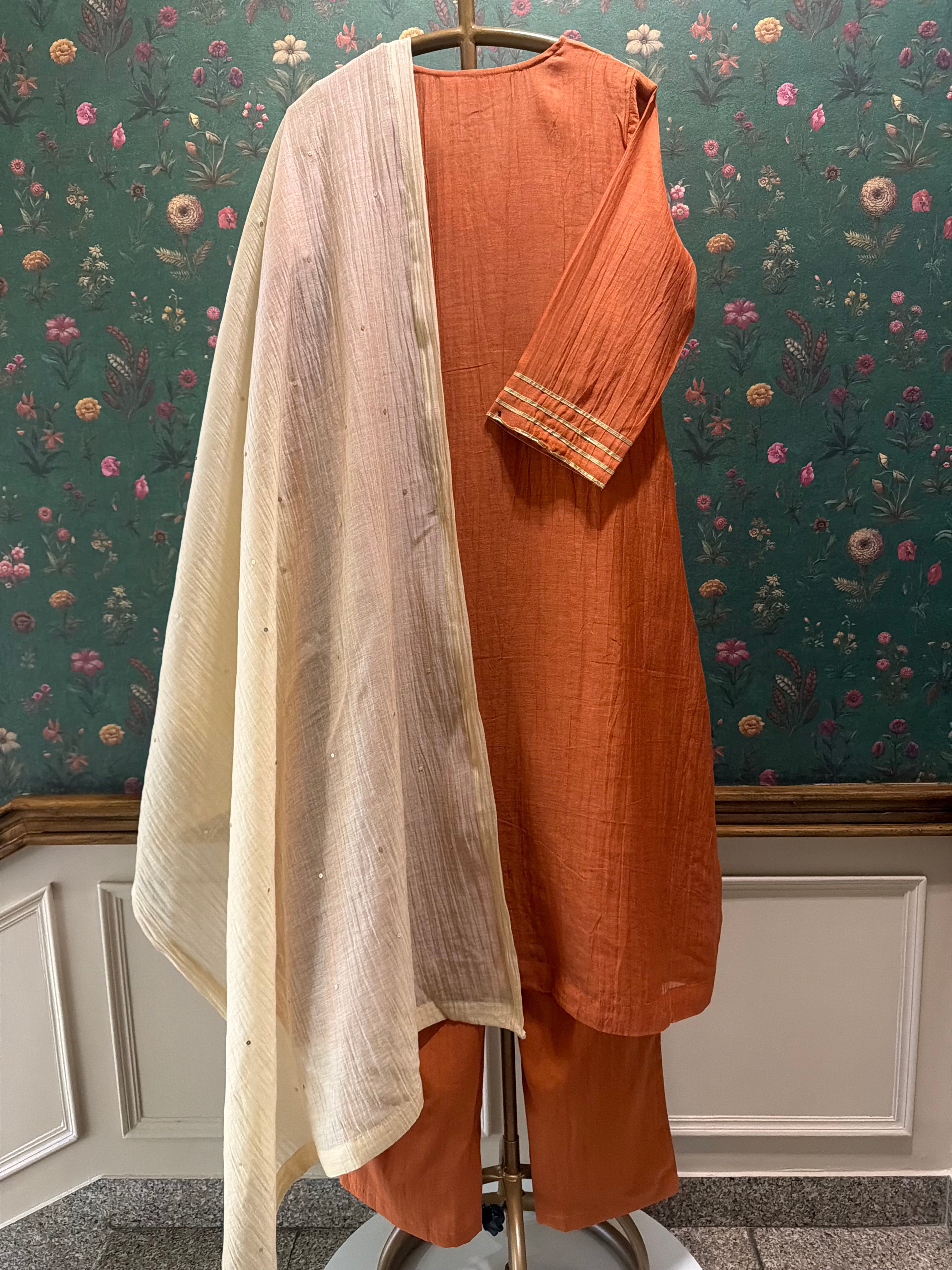 Rust Orange Embroidered A-Line Mul Chanderi Suit Set x Gargi Shah | HER-624
