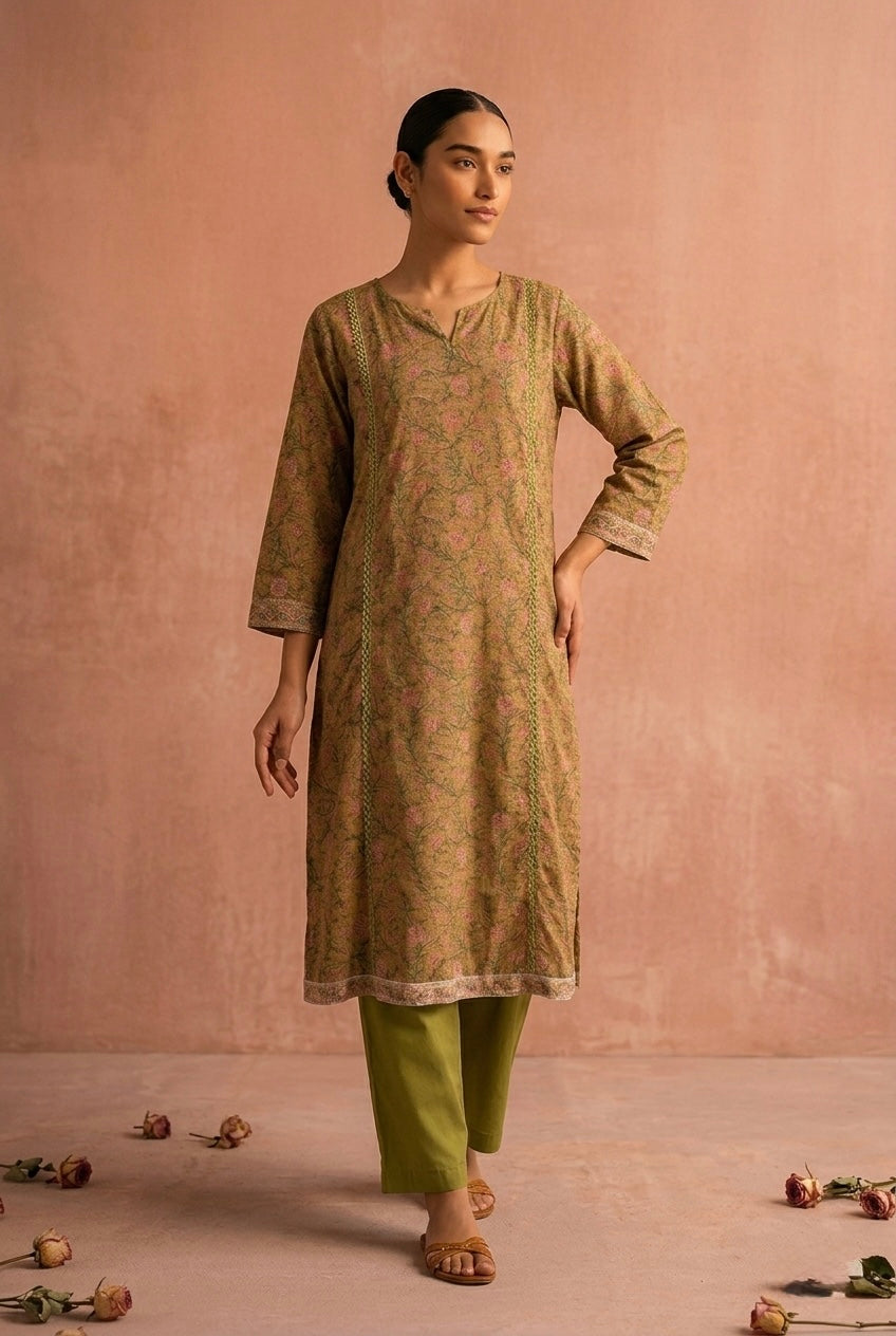 Mehndi Green Floral Printed Kota Doria Suit Set, with Kota Doria Dupatta | HER-754