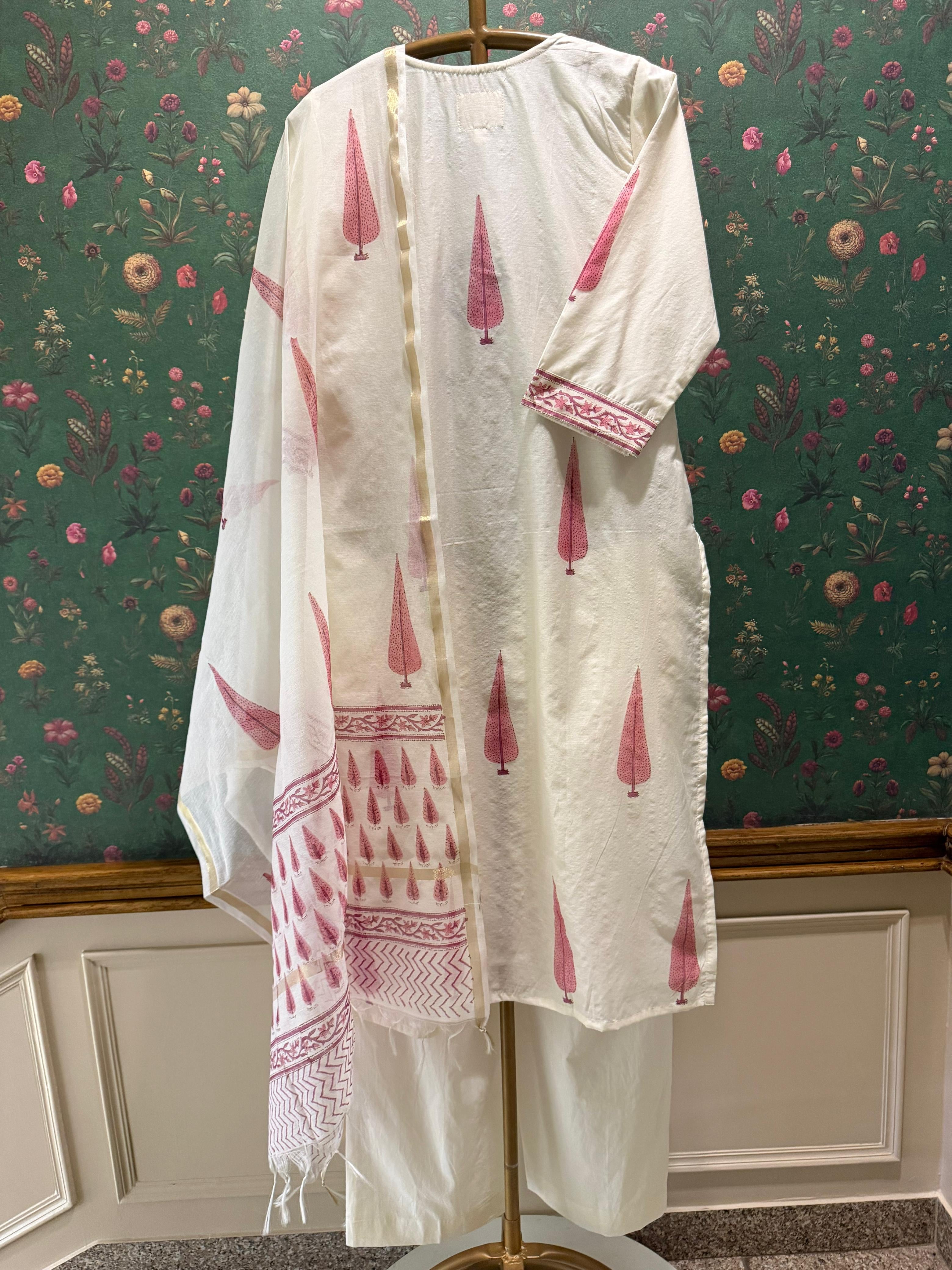 Ivory White & Rose Pink Printed Chanderi Suit Set | HER-760